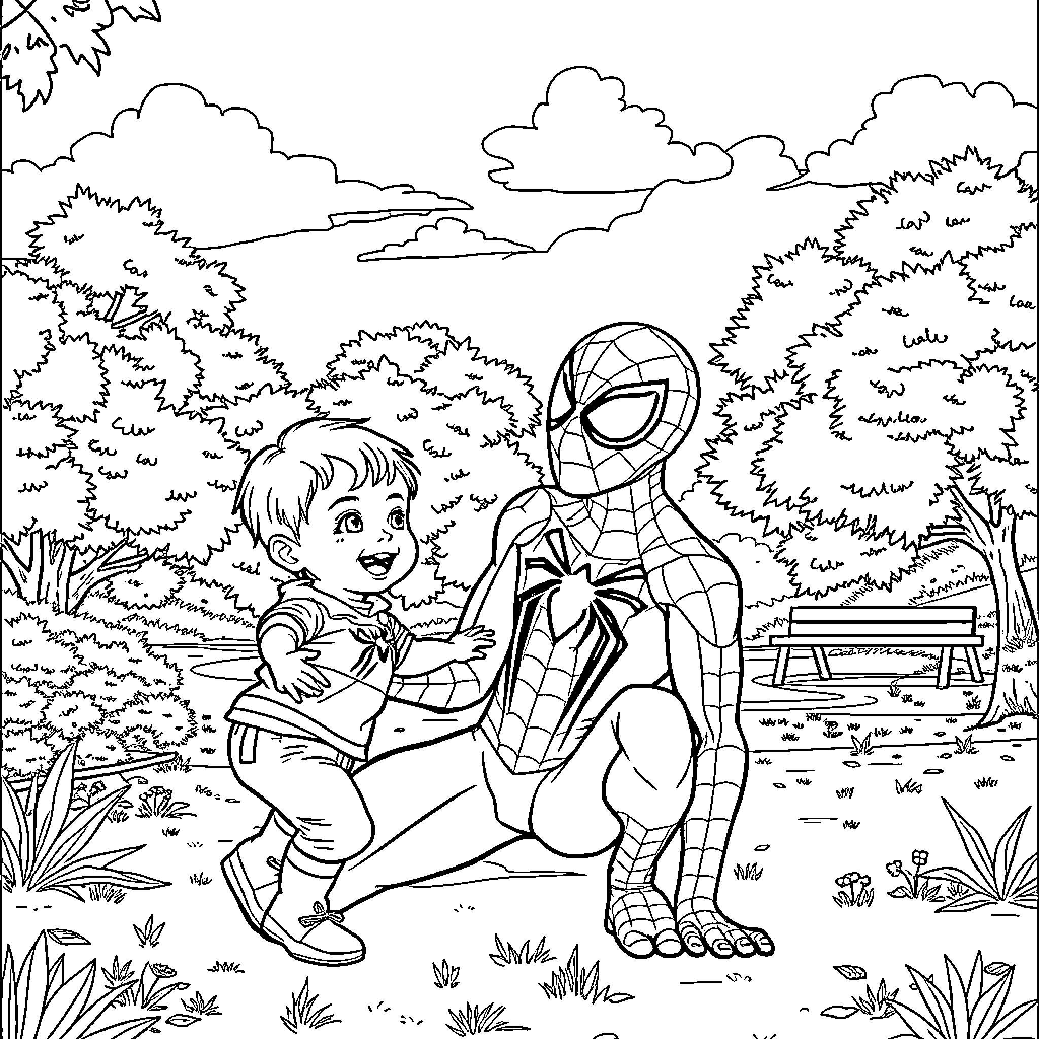 Spiderman interacting with a young child in a park Coloring Page (free black-and-white line drawing printable PDF for all, from beginners to advanced learners, including children, teens, adults, and seniors)