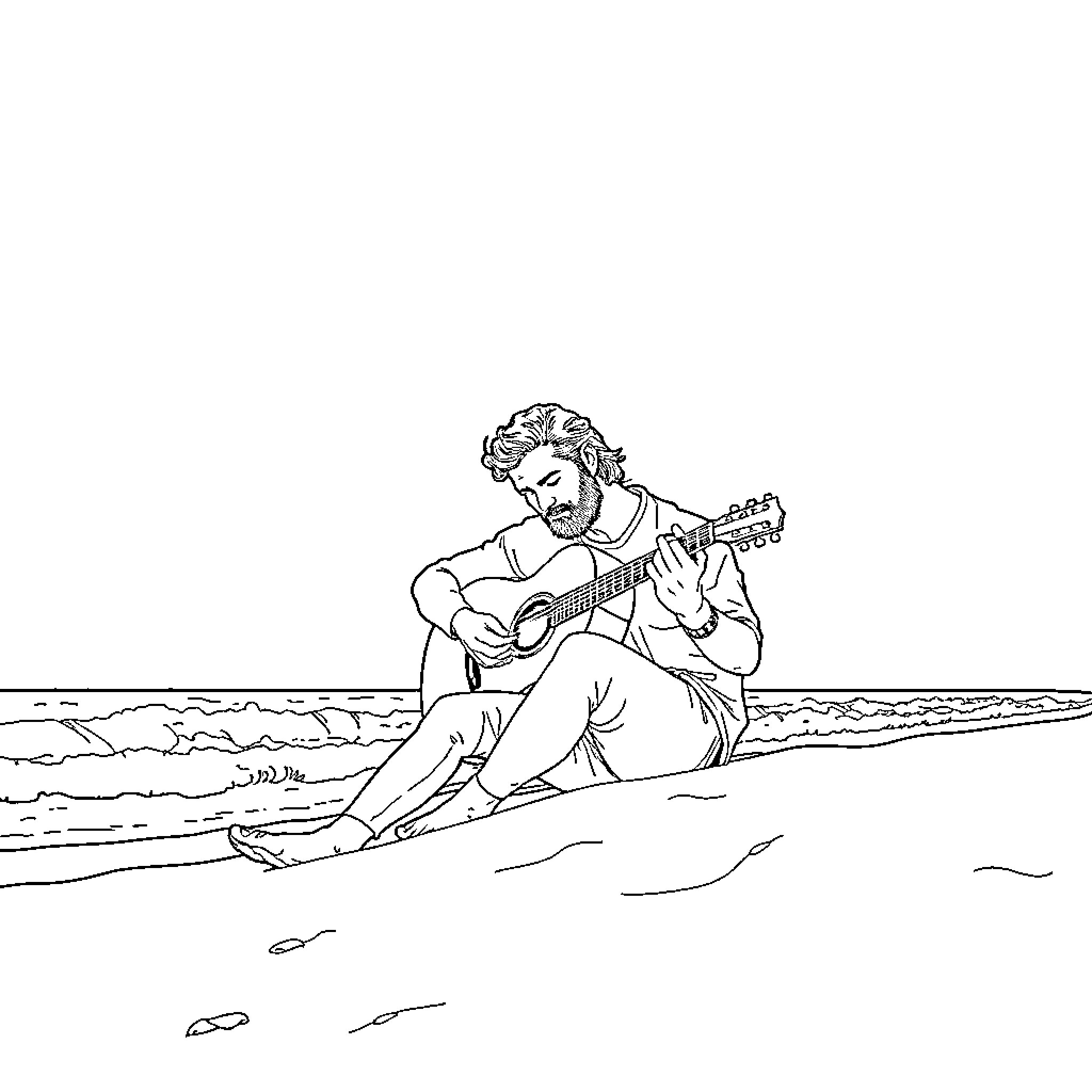 Hozier playing guitar on the beach Coloring Page (free black-and-white line drawing printable PDF for all, from beginners to advanced learners, including children, teens, adults, and seniors)