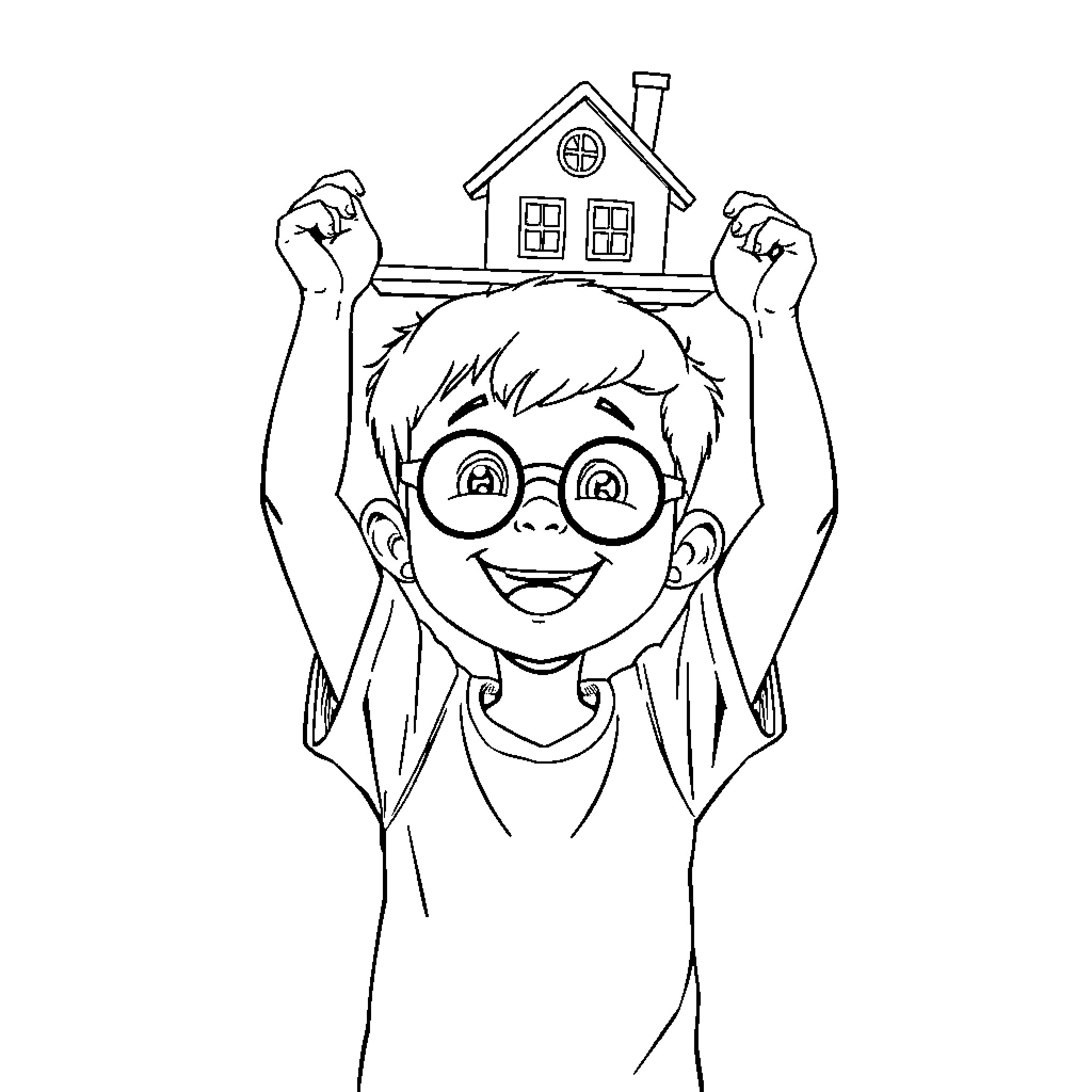 Boy excitedly holding up a house model Coloring Page (free black-and-white line drawing printable PDF for all, from beginners to advanced learners, including children, teens, adults, and seniors)