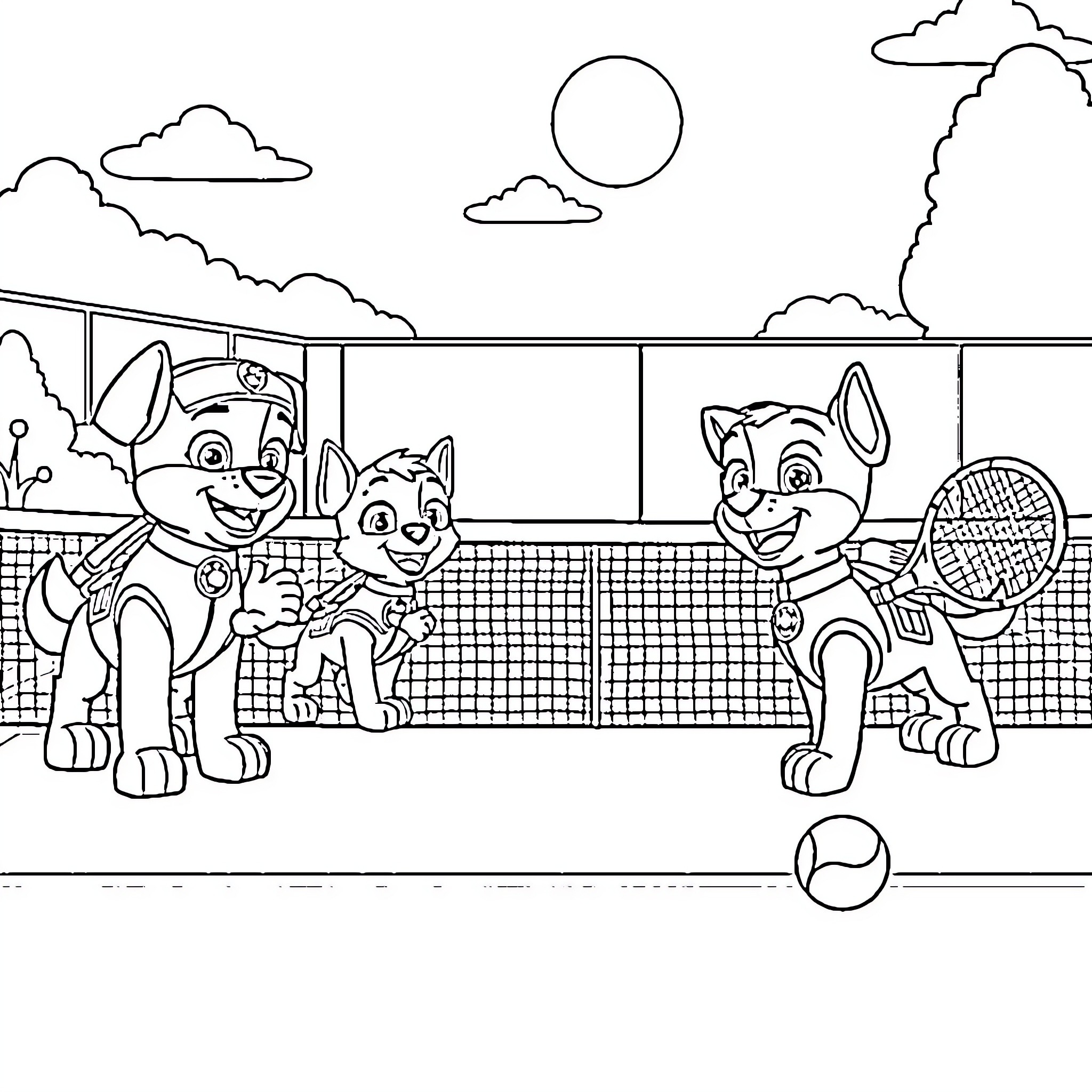 Paw Patrol Puppies Playing Tennis on the Court Coloring Page (free black-and-white line drawing printable PDF for all, from beginners to advanced learners, including children, teens, adults, and seniors)