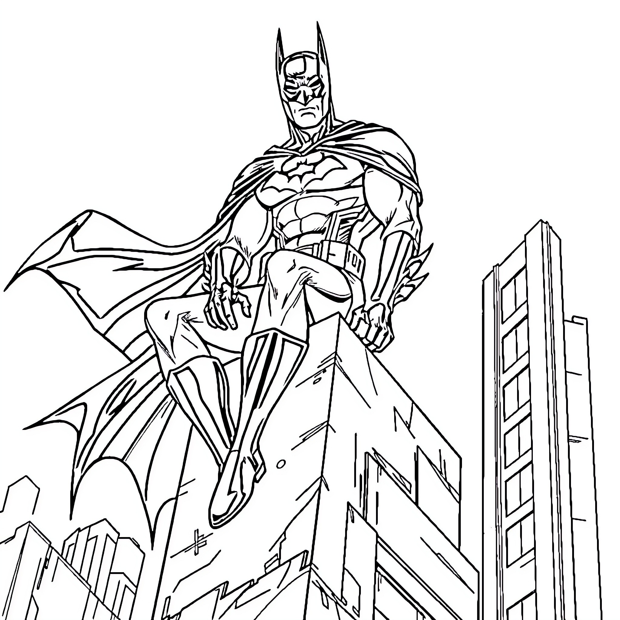 Batman standing heroically in Gotham City Coloring Page (free black-and-white line drawing printable PDF for all, from beginners to advanced learners, including children, teens, adults, and seniors)