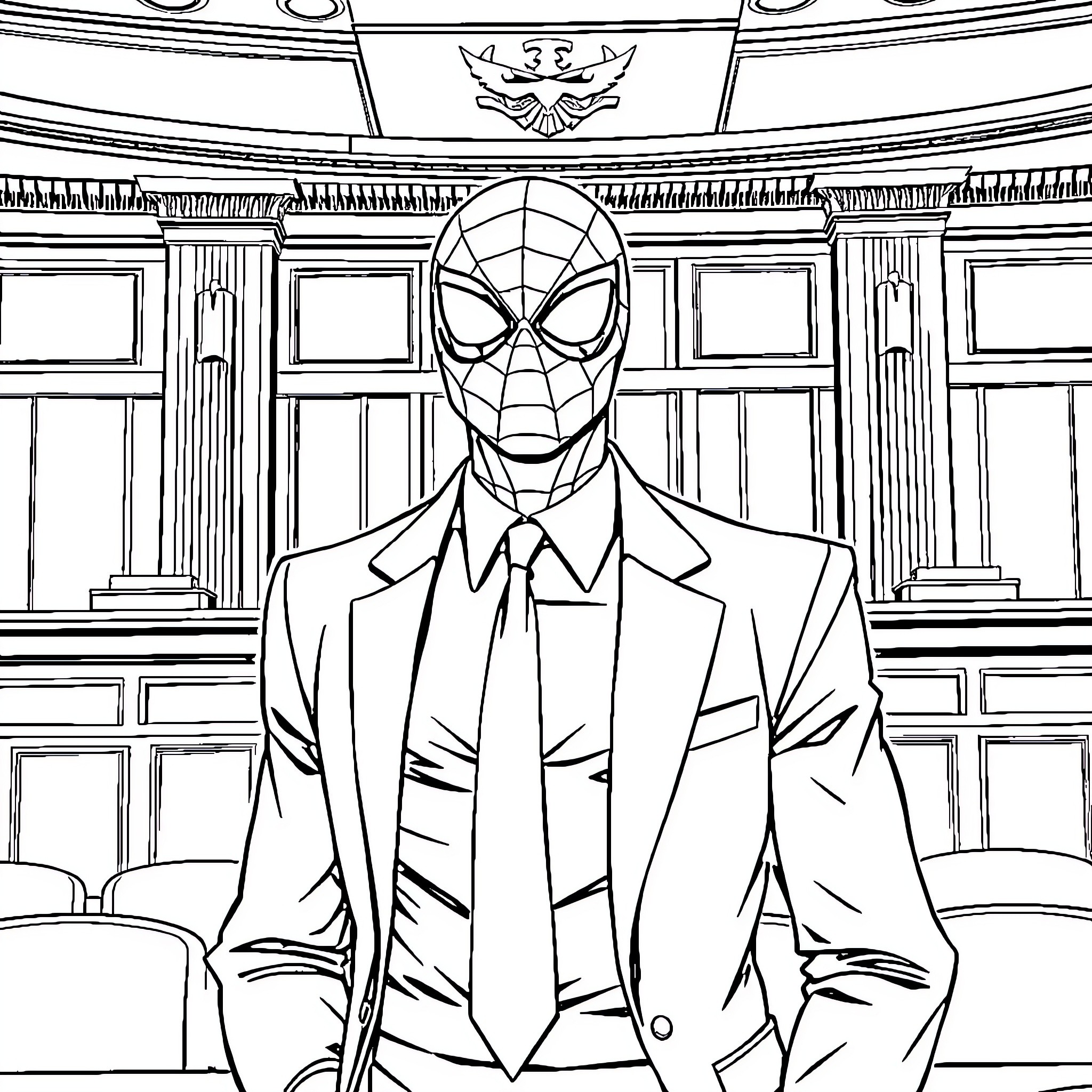 Spiderman in a formal suit in a grand building Coloring Page (free black-and-white line drawing printable PDF for all, from beginners to advanced learners, including children, teens, adults, and seniors)