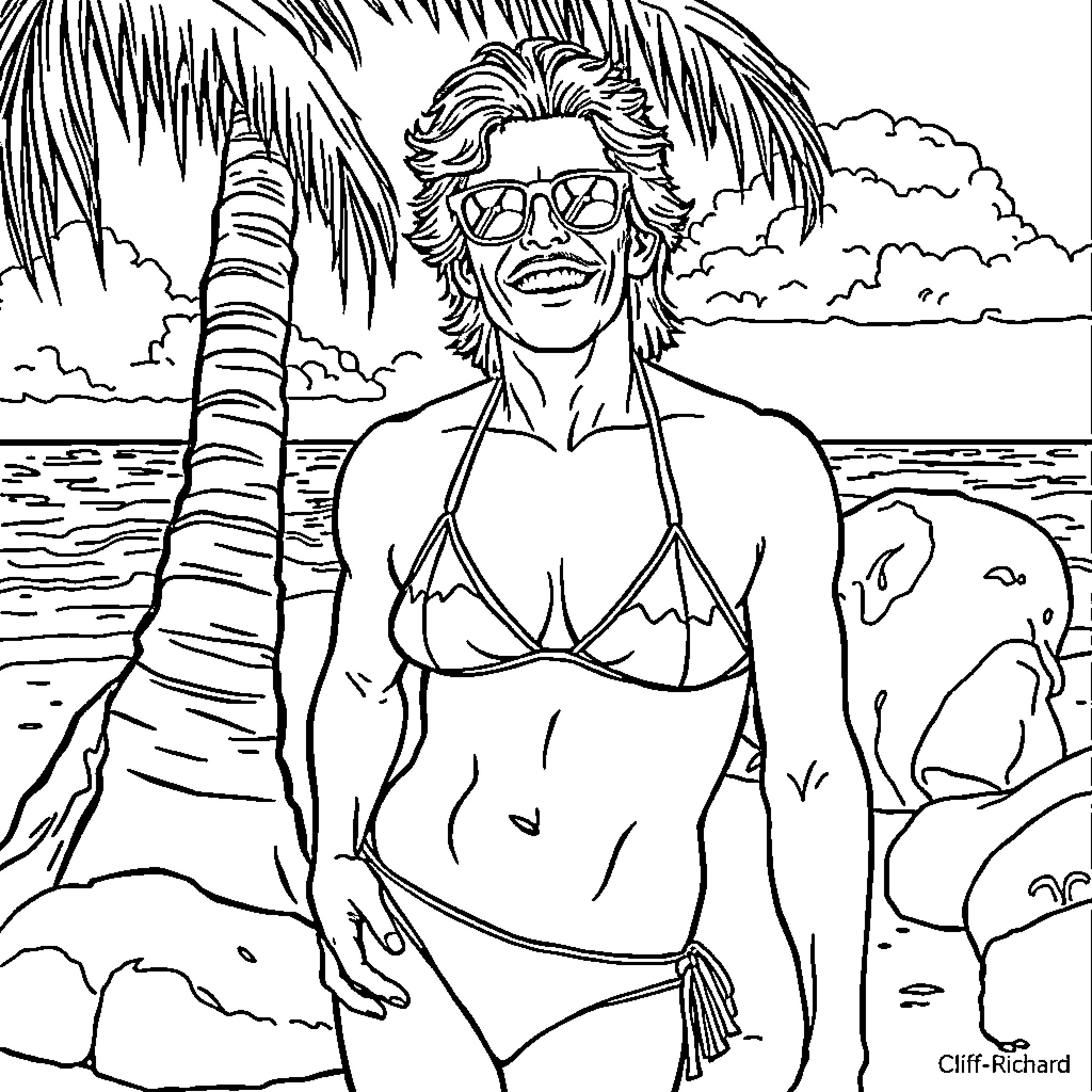 Cliff Richard relaxing on a tropical beach Coloring Page (free black-and-white line drawing printable PDF for all, from beginners to advanced learners, including children, teens, adults, and seniors)