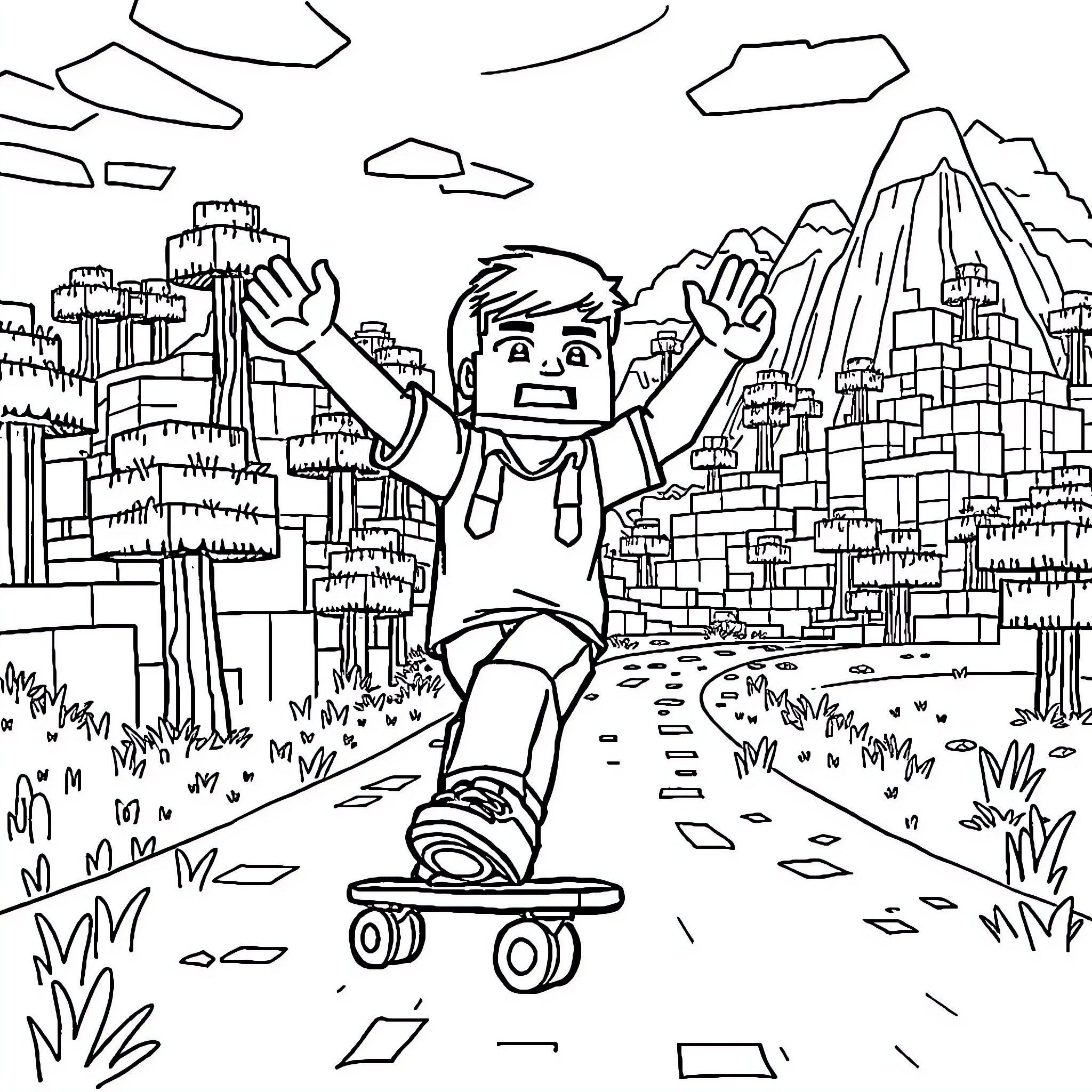 Boy riding skateboard joyfully through mountainous landscape Coloring Page (free black-and-white line drawing printable PDF for all, from beginners to advanced learners, including children, teens, adults, and seniors)