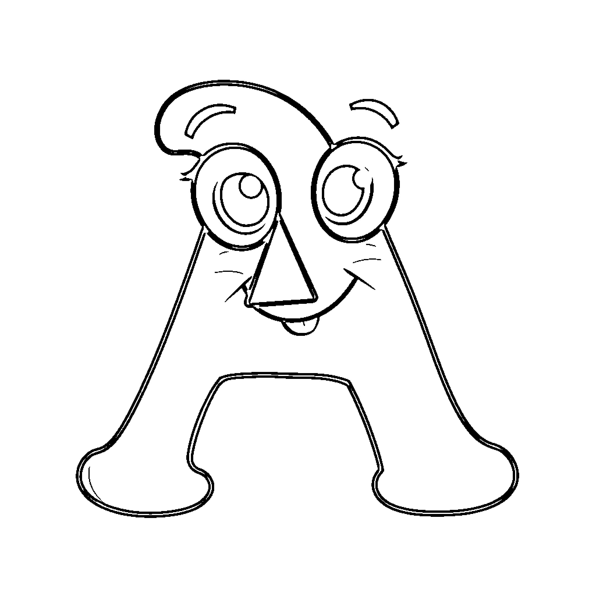 Letter A: Playful and Expressive Character Coloring Page (free black-and-white line drawing printable PDF for all, from beginners to advanced learners, including children, teens, adults, and seniors)