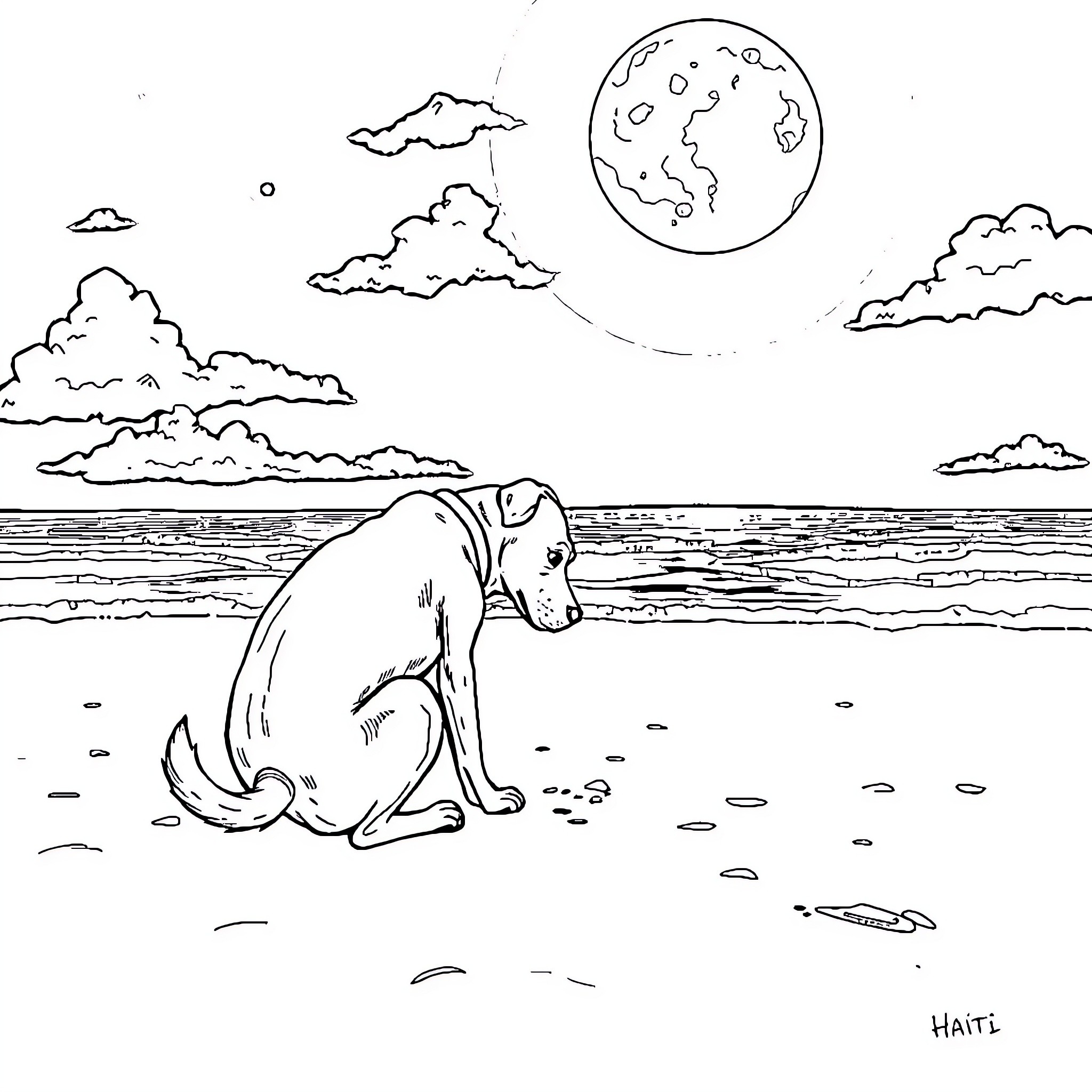 Dog sitting alone on the beach under the moon Coloring Page (free black-and-white line drawing printable PDF for all, from beginners to advanced learners, including children, teens, adults, and seniors)
