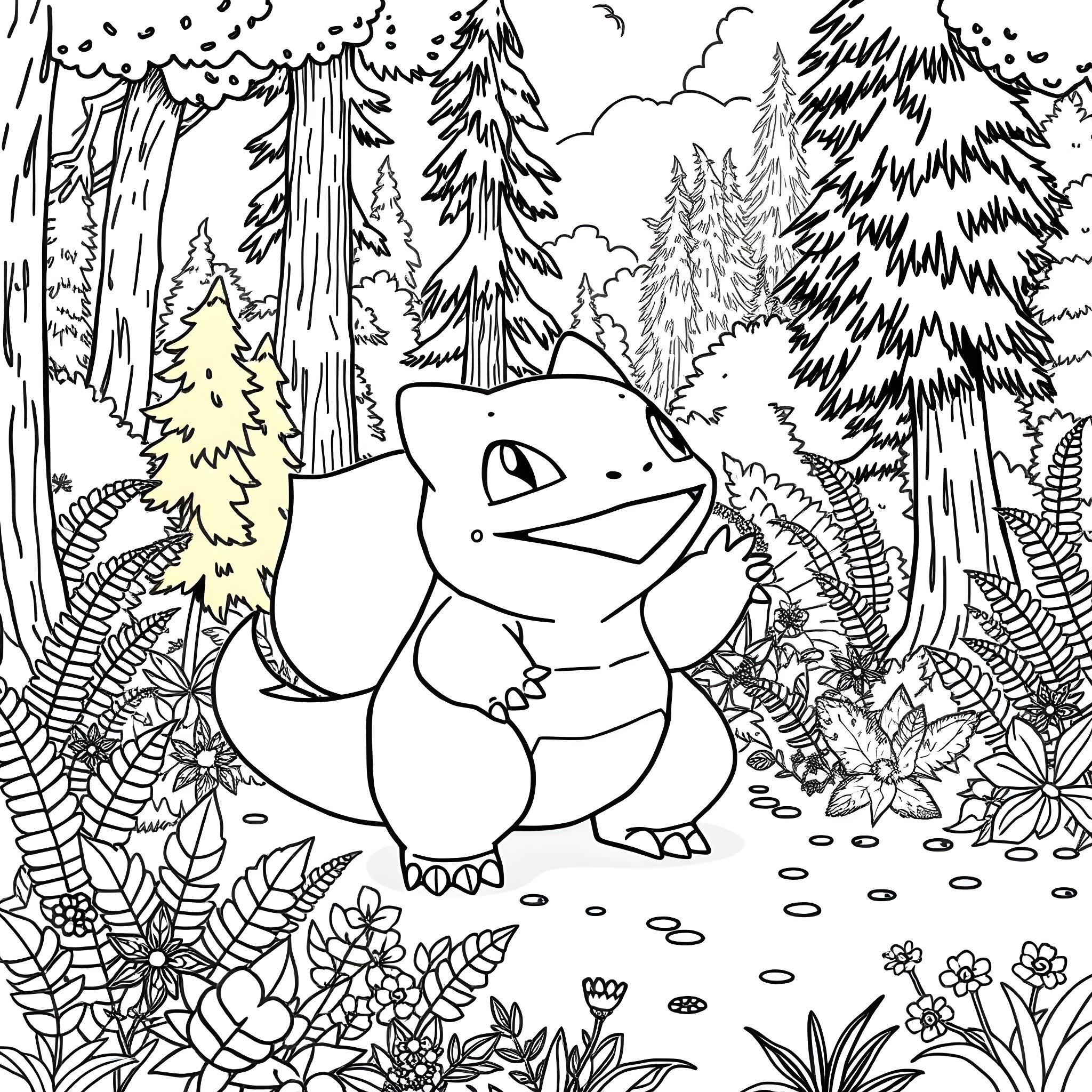 Bulbasaur exploring the enchanting forest landscape Coloring Page (free black-and-white line drawing printable PDF for all, from beginners to advanced learners, including children, teens, adults, and seniors)