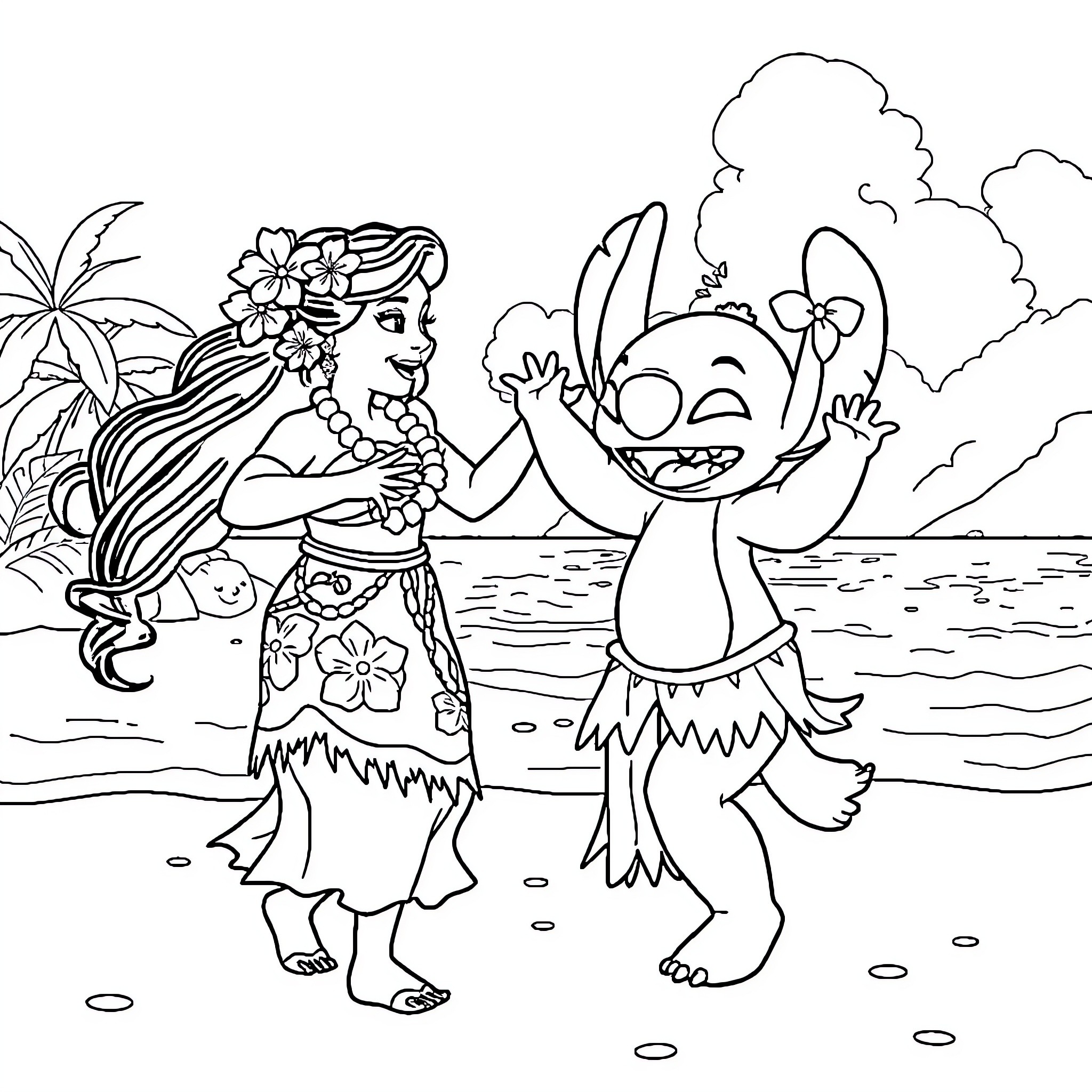 Lilo and Stitch's Tropical Beach Adventure Coloring Page (free black-and-white line drawing printable PDF for all, from beginners to advanced learners, including children, teens, adults, and seniors)