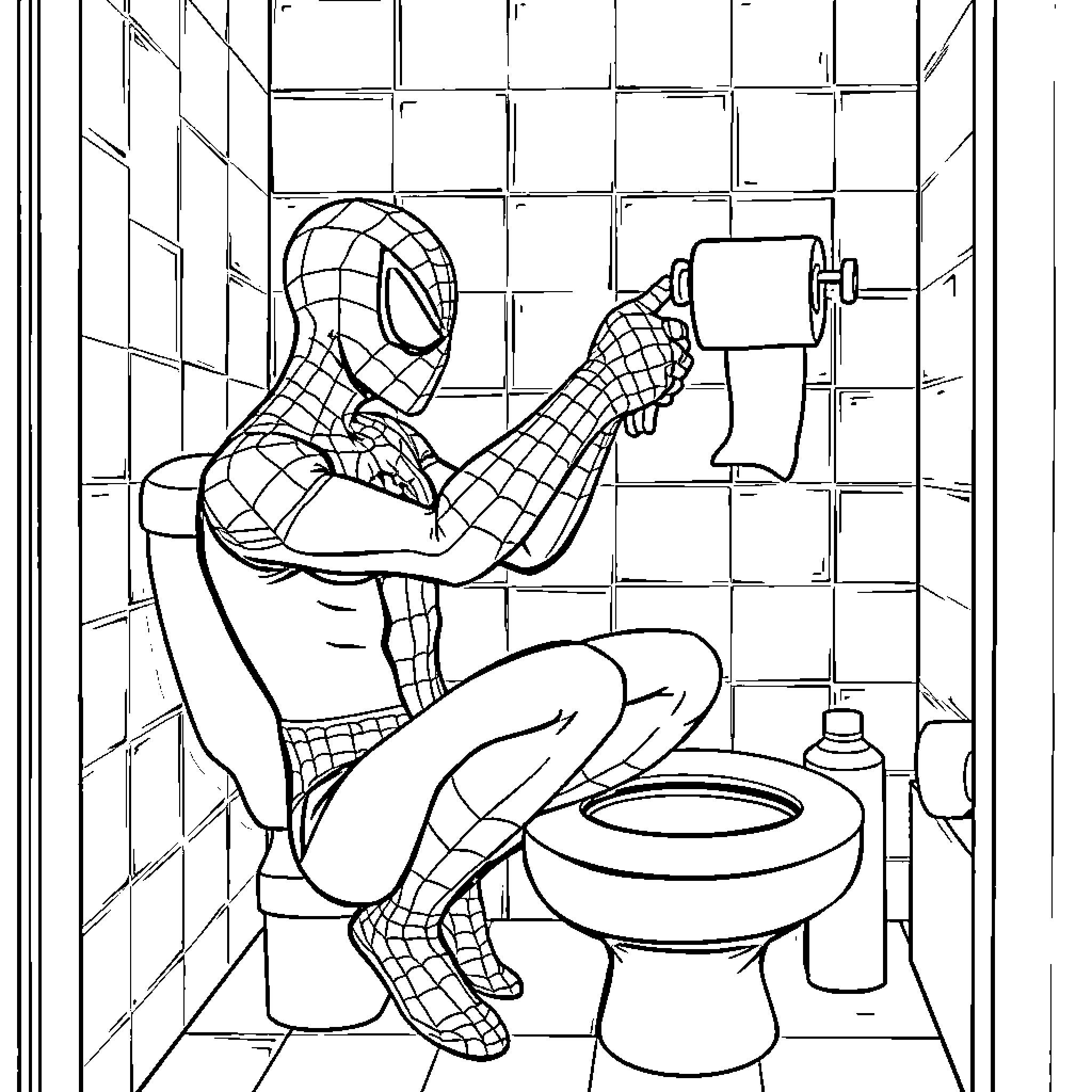 Spidey's Unexpected Bathroom Adventure Coloring Page (free black-and-white line drawing printable PDF for all, from beginners to advanced learners, including children, teens, adults, and seniors)
