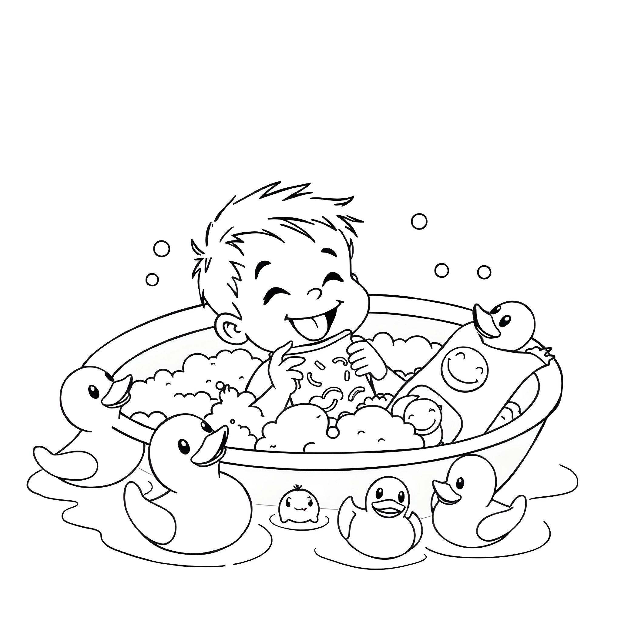 Boy playing happily with rubber ducks in a bath Coloring Page (free black-and-white line drawing printable PDF for all, from beginners to advanced learners, including children, teens, adults, and seniors)