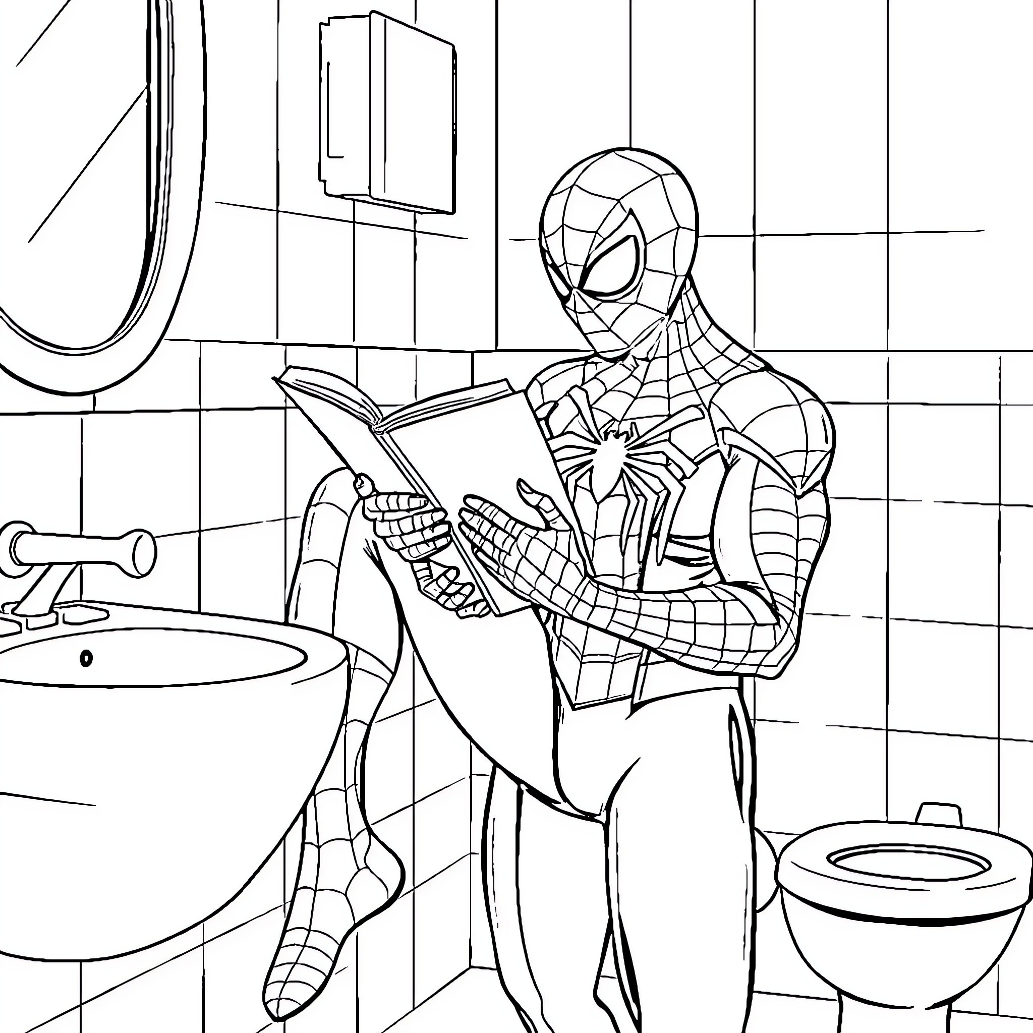 Spiderman reading in the bathroom Coloring Page (free black-and-white line drawing printable PDF for all, from beginners to advanced learners, including children, teens, adults, and seniors)