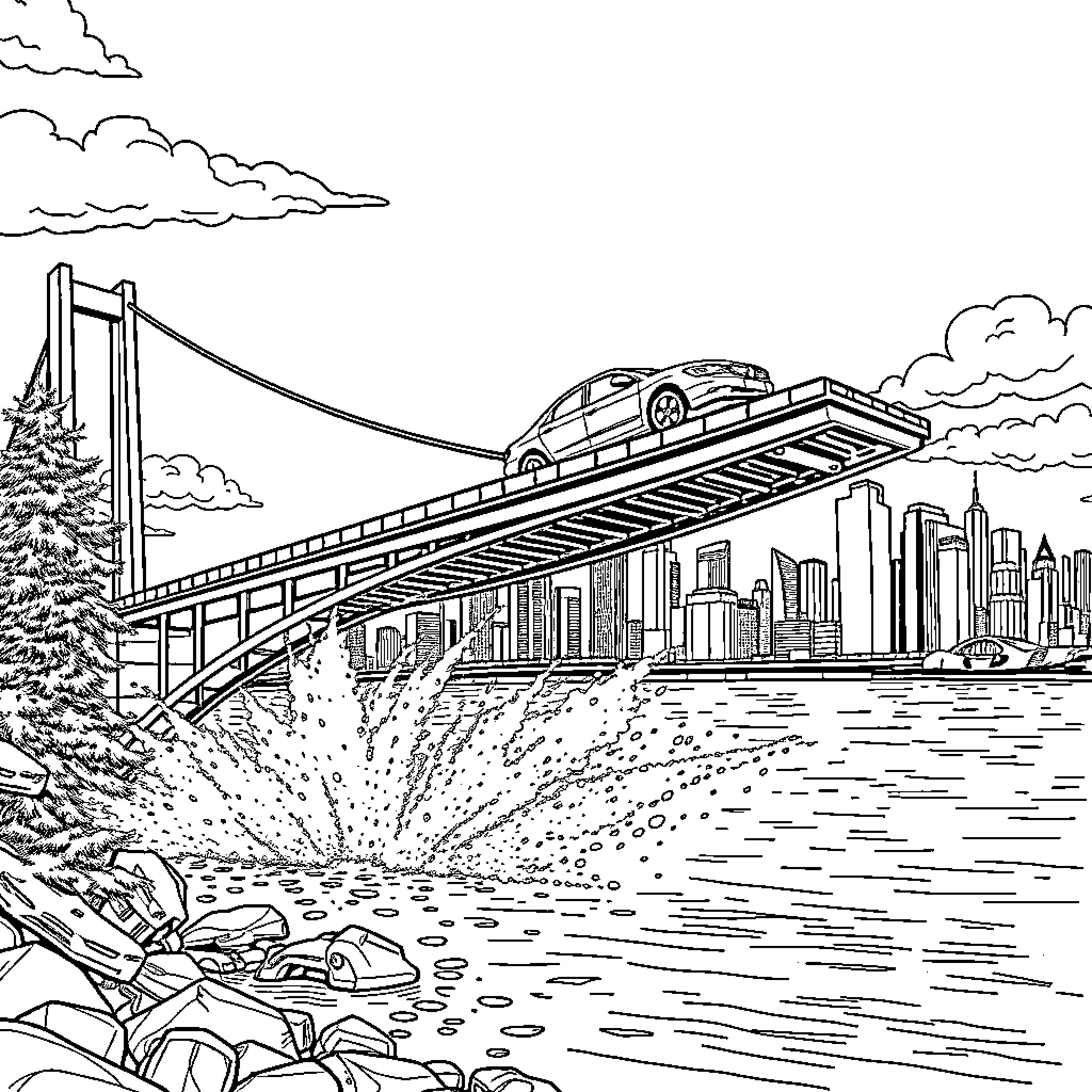 Car driving across suspension bridge in city Coloring Page (free black-and-white line drawing printable PDF for all, from beginners to advanced learners, including children, teens, adults, and seniors)