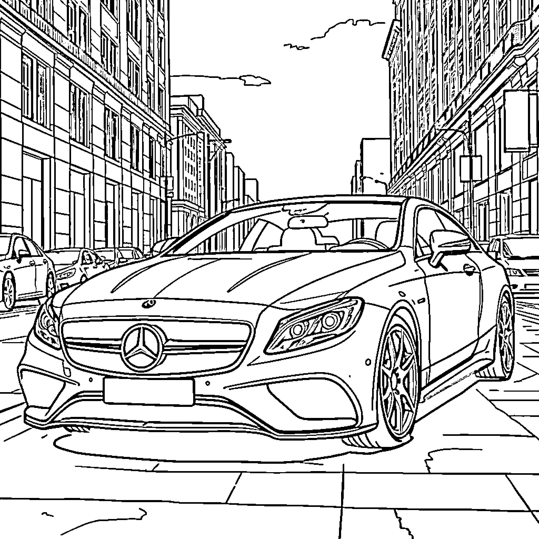 Mercedes Luxury Coupe in the City Scenery Coloring Page (free black-and-white line drawing printable PDF for all, from beginners to advanced learners, including children, teens, adults, and seniors)