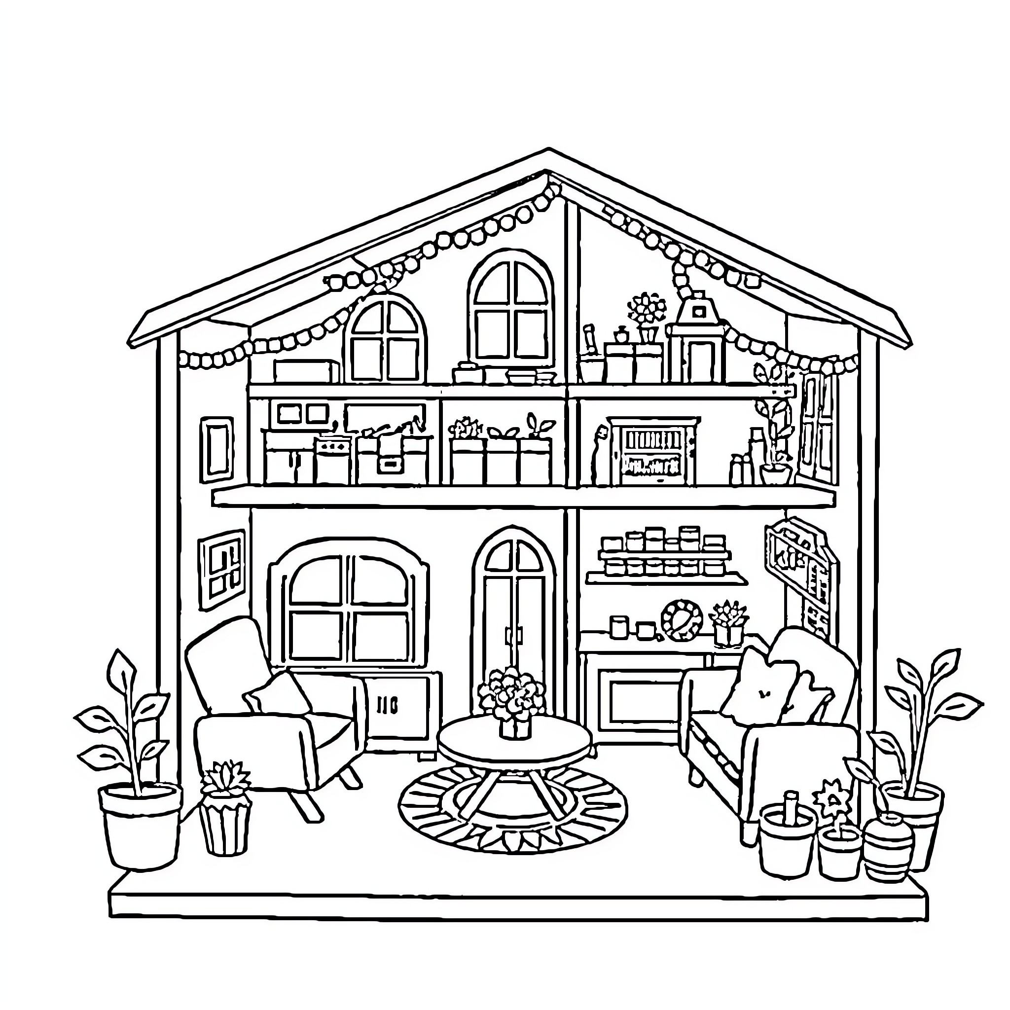 Gabby's Dollhouse with furnishings and decor Coloring Page (free black-and-white line drawing printable PDF for all, from beginners to advanced learners, including children, teens, adults, and seniors)