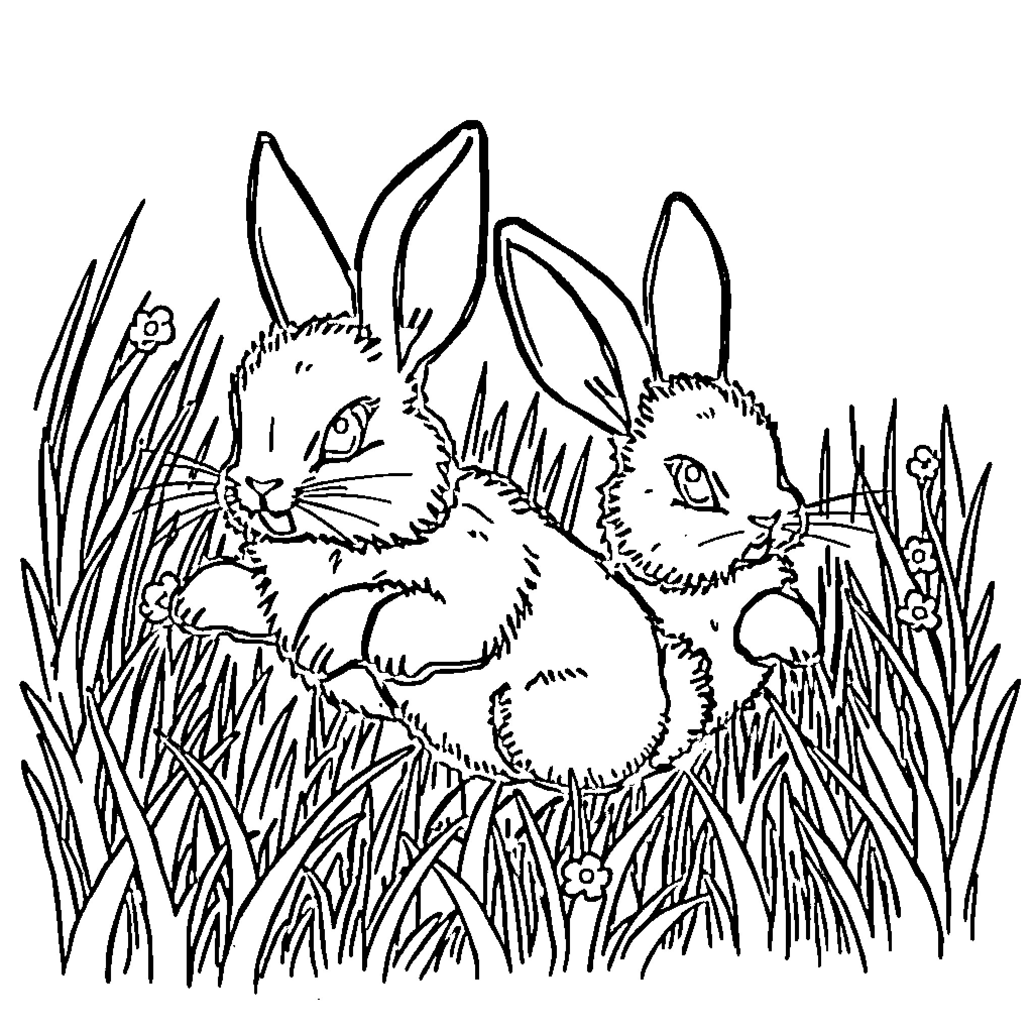 Bunny rabbits resting in the grass Coloring Page (free black-and-white line drawing printable PDF for all, from beginners to advanced learners, including children, teens, adults, and seniors)