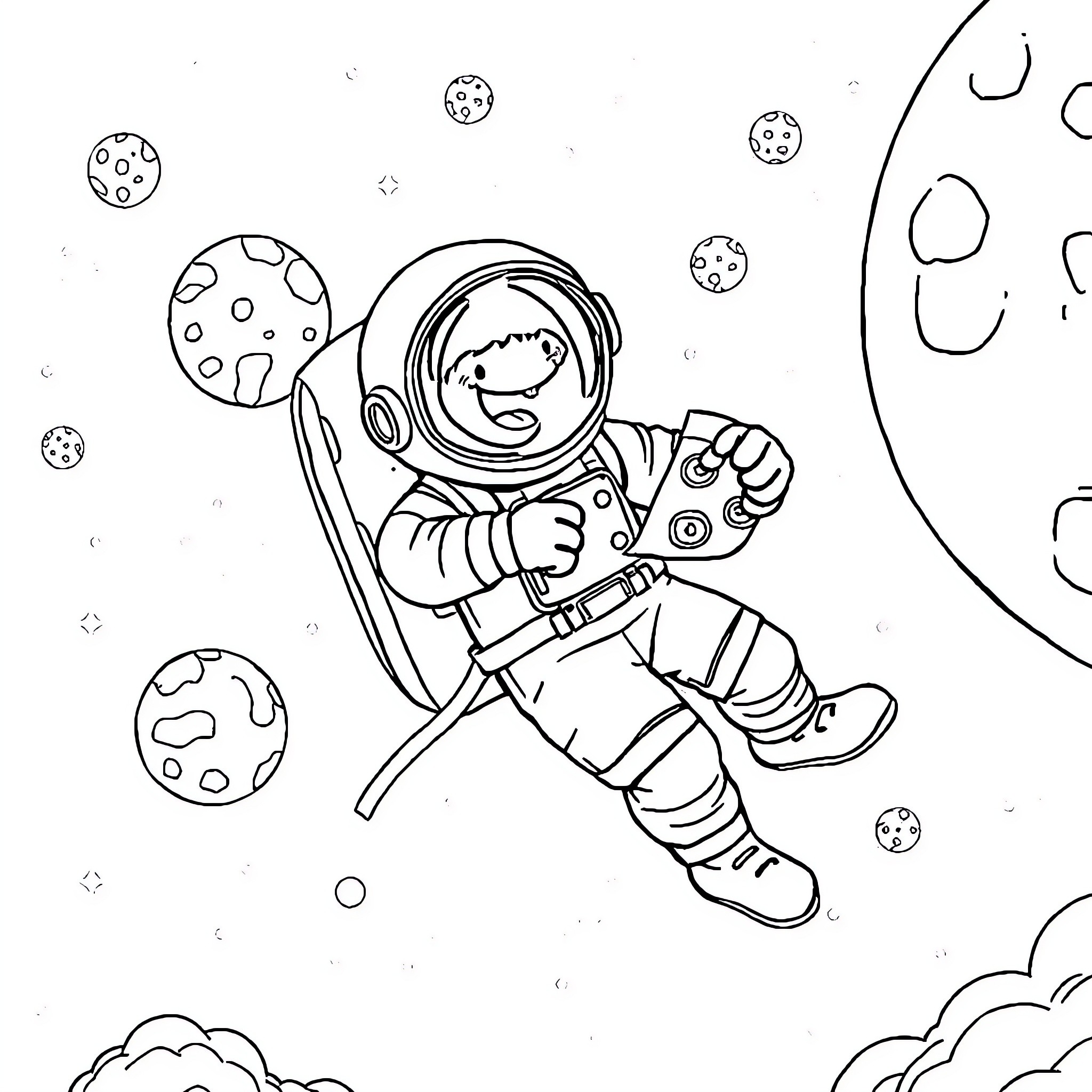 Astronaut exploring the moon and planets Coloring Page (free black-and-white line drawing printable PDF for all, from beginners to advanced learners, including children, teens, adults, and seniors)