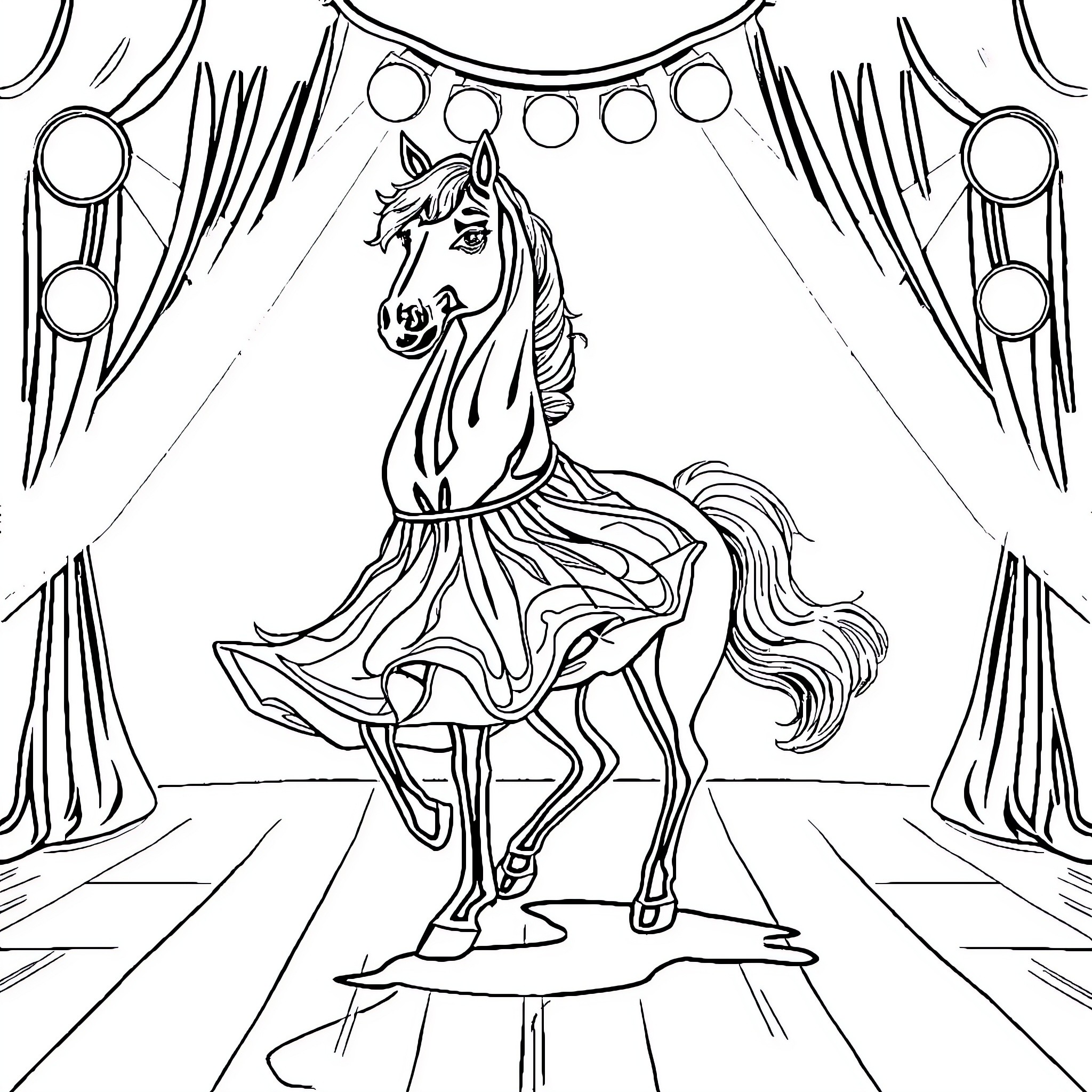Horse Performing in Circus Arena Coloring Page (free black-and-white line drawing printable PDF for all, from beginners to advanced learners, including children, teens, adults, and seniors)