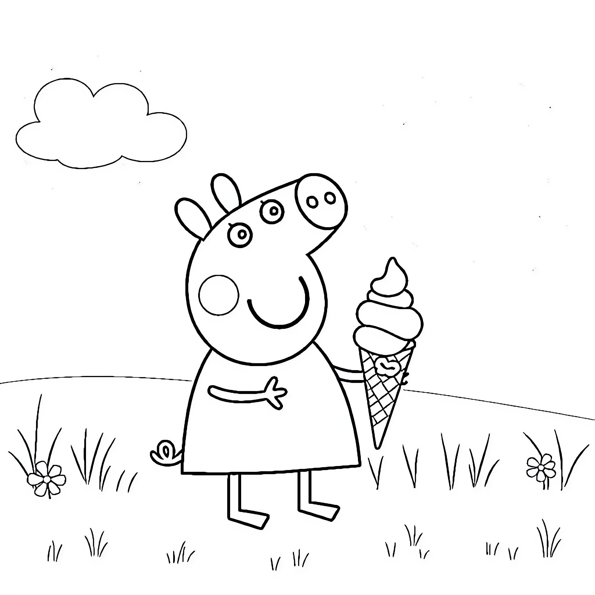 Peppa Pig enjoying an ice cream treat Coloring Page (free black-and-white line drawing printable PDF for all, from beginners to advanced learners, including children, teens, adults, and seniors)