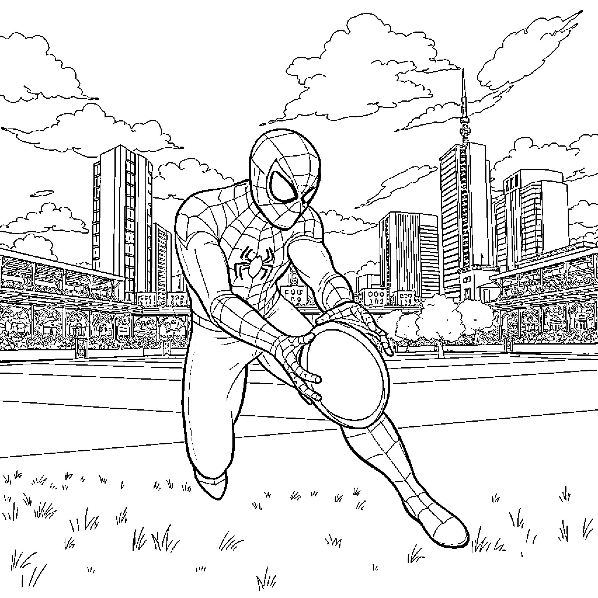 Spiderman swinging through the city skyline Coloring Page (free black-and-white line drawing printable PDF for all, from beginners to advanced learners, including children, teens, adults, and seniors)