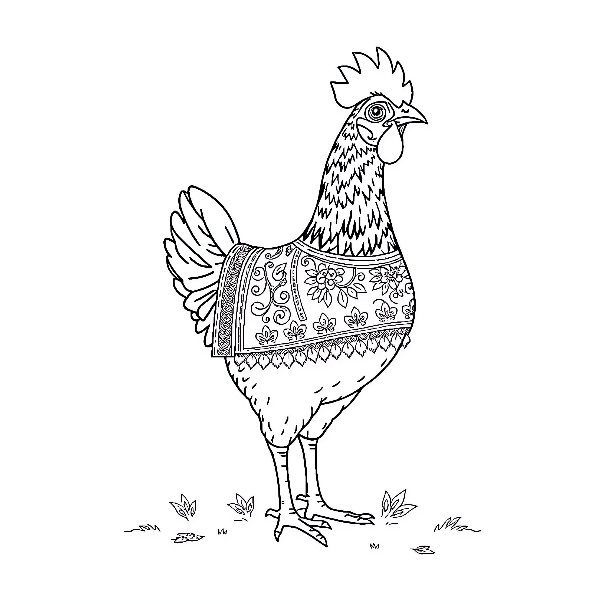 Hen in ornate attire posing proudly Coloring Page (free black-and-white line drawing printable PDF for all, from beginners to advanced learners, including children, teens, adults, and seniors)