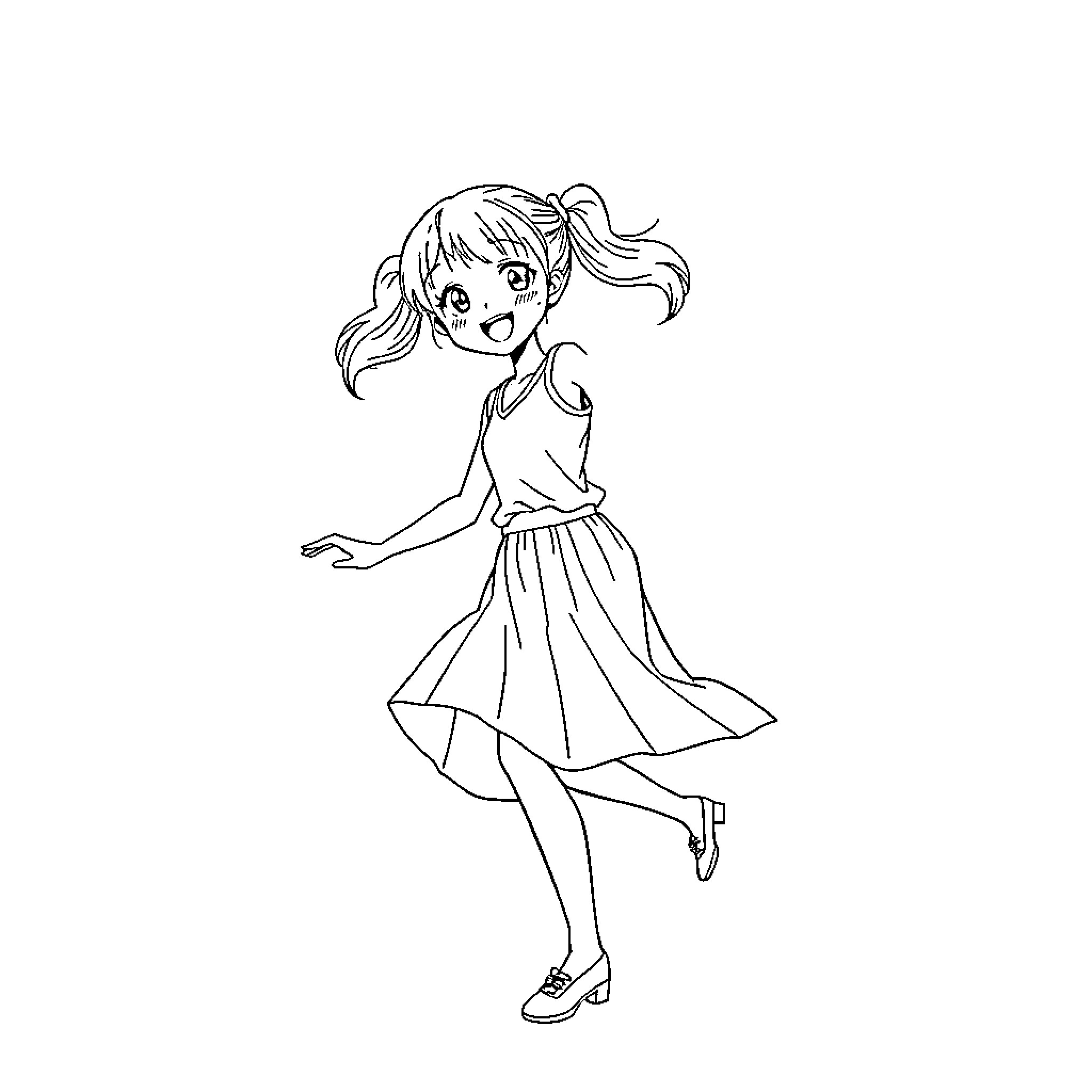 Anime Girl in Casual Dress with Happy Expression Coloring Page (free black-and-white line drawing printable PDF for all, from beginners to advanced learners, including children, teens, adults, and seniors)