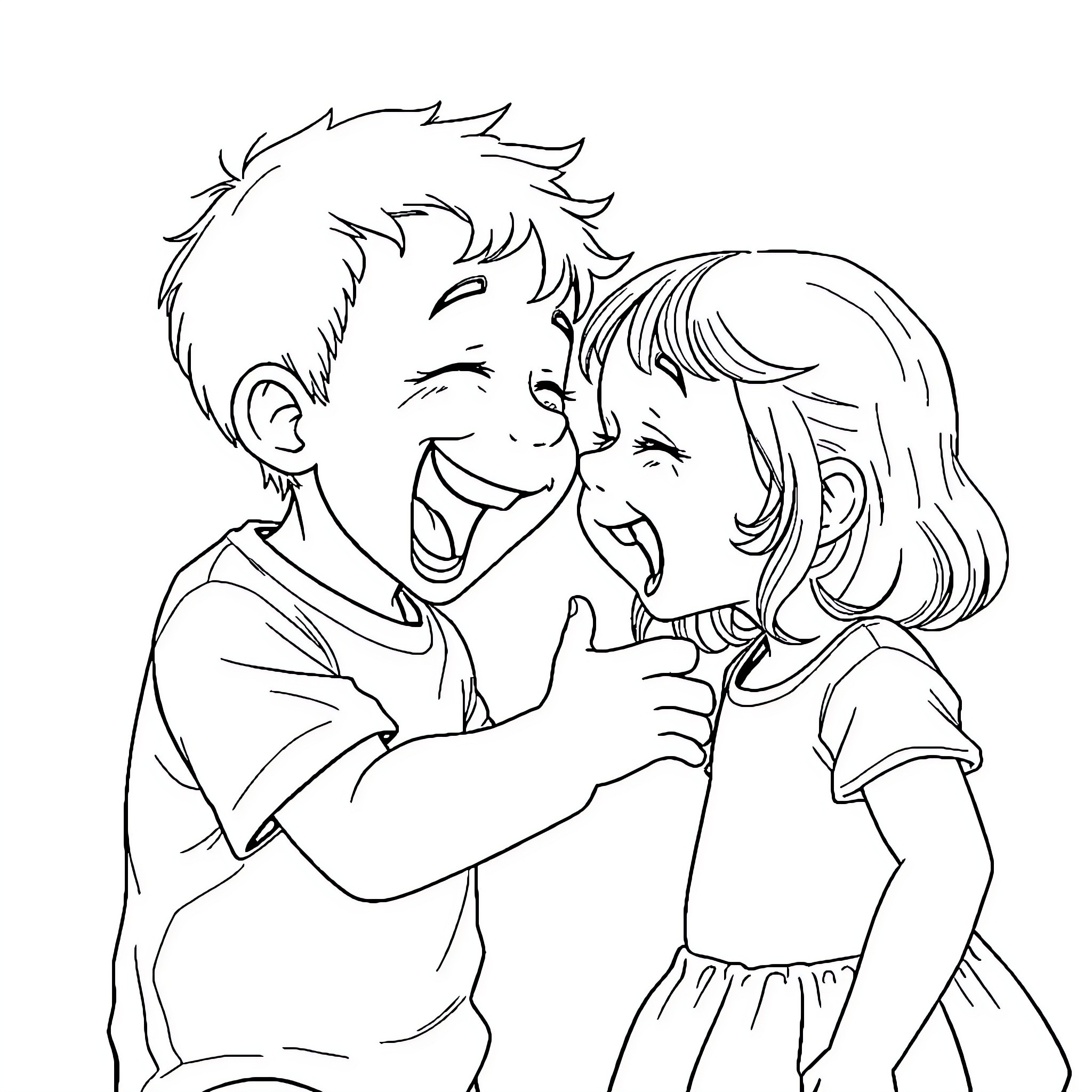 Toddler siblings playing and laughing happily together Coloring Page (free black-and-white line drawing printable PDF for all, from beginners to advanced learners, including children, teens, adults, and seniors)