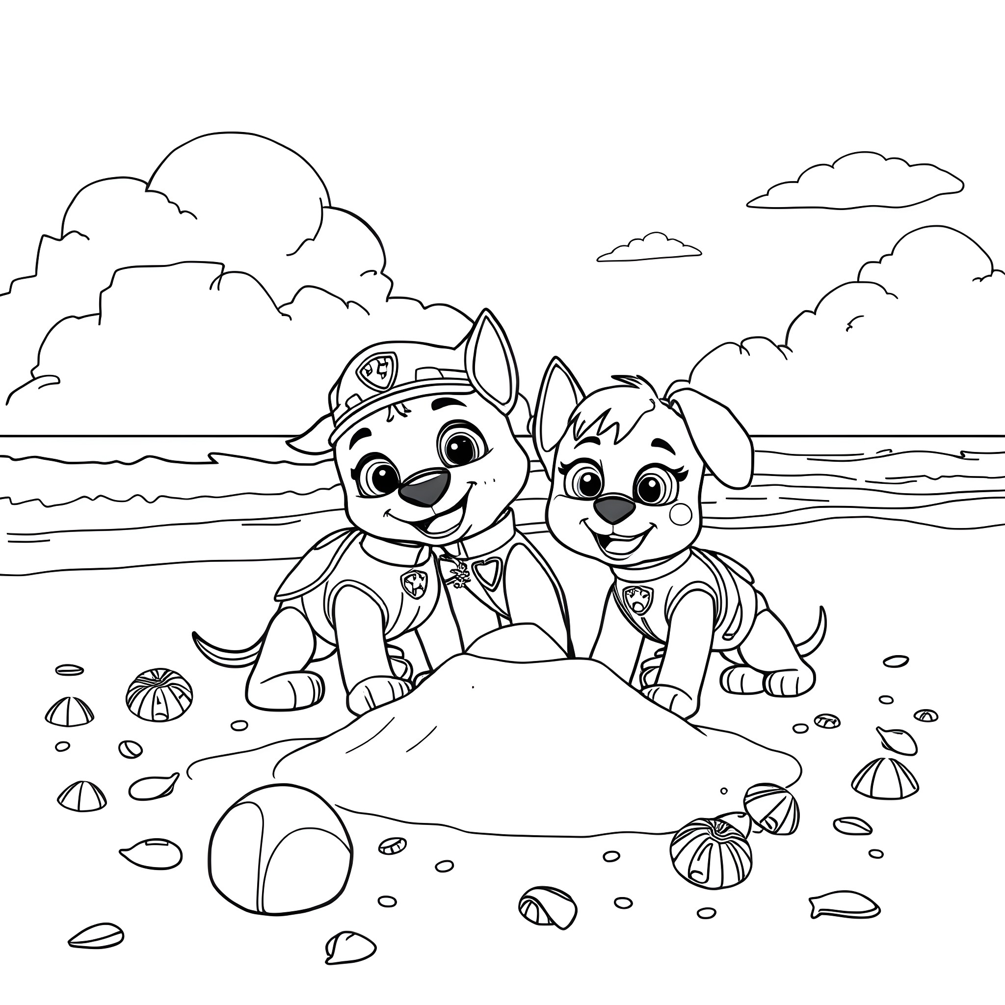 Paw Patrol pups playing on the beach Coloring Page (free black-and-white line drawing printable PDF for all, from beginners to advanced learners, including children, teens, adults, and seniors)