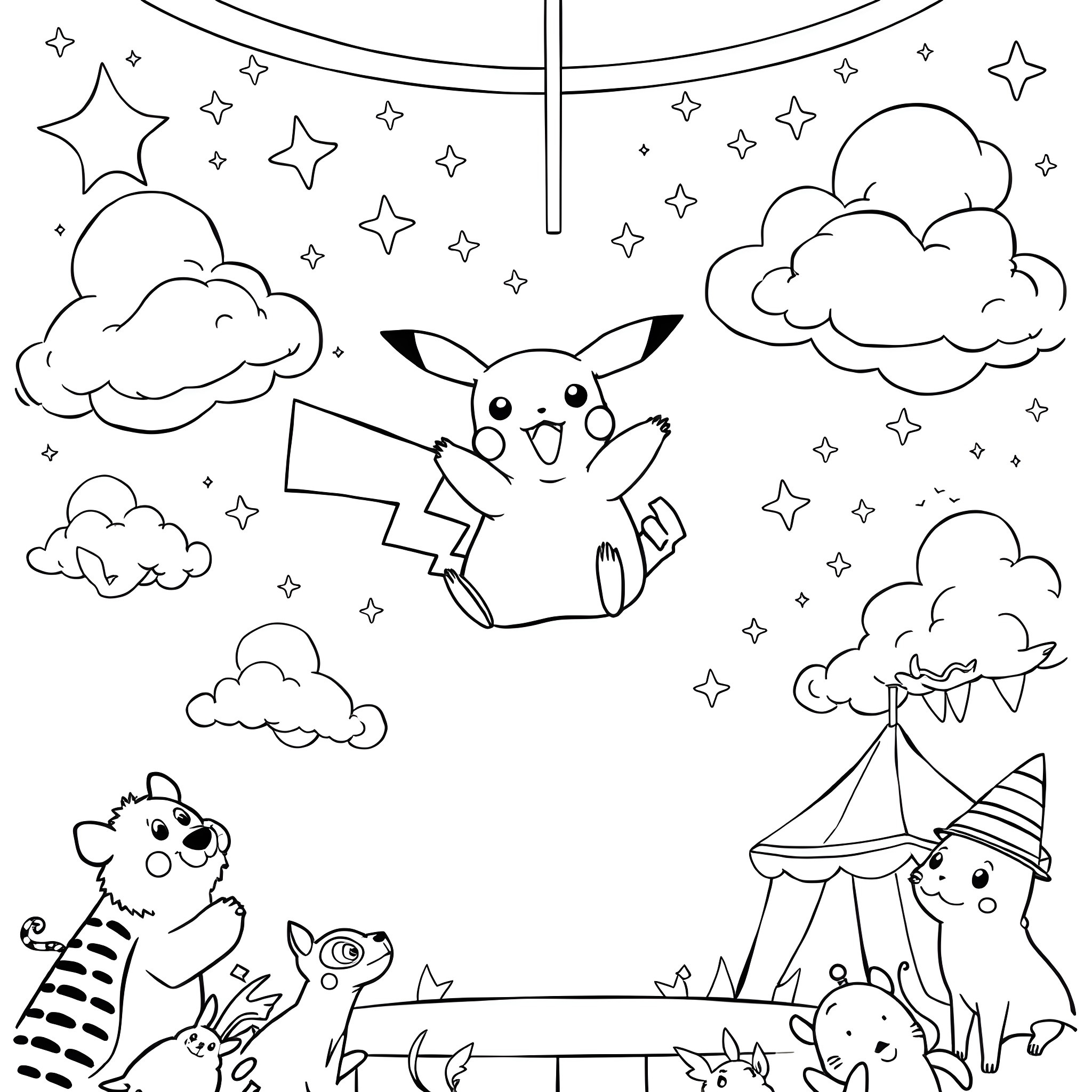 Pikachu playing in the starry night sky with adorable animal friends Coloring Page (free black-and-white line drawing printable PDF for all, from beginners to advanced learners, including children, teens, adults, and seniors)