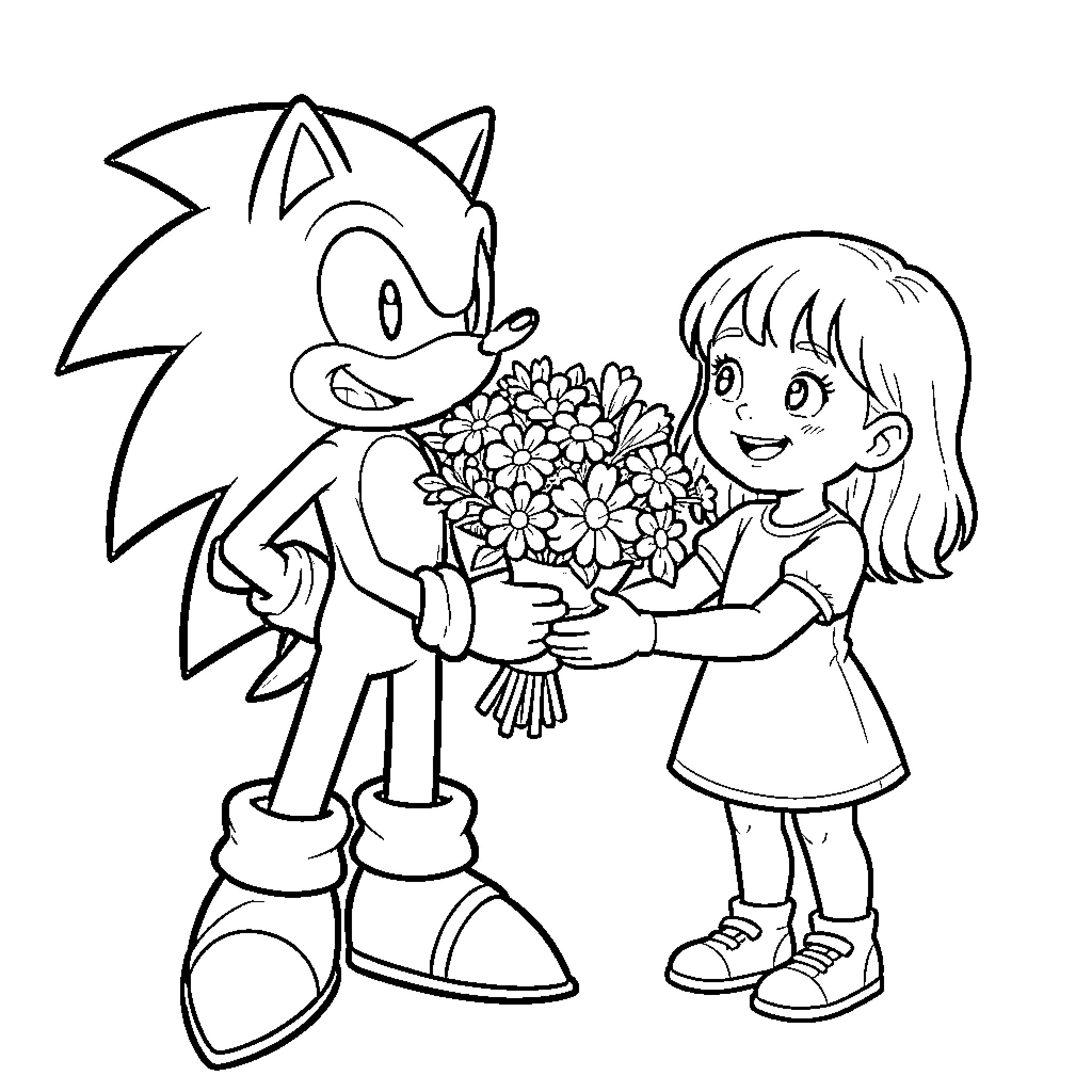 Sonic Giving Flowers to a Smiling Girl Coloring Page (free black-and-white line drawing printable PDF for all, from beginners to advanced learners, including children, teens, adults, and seniors)