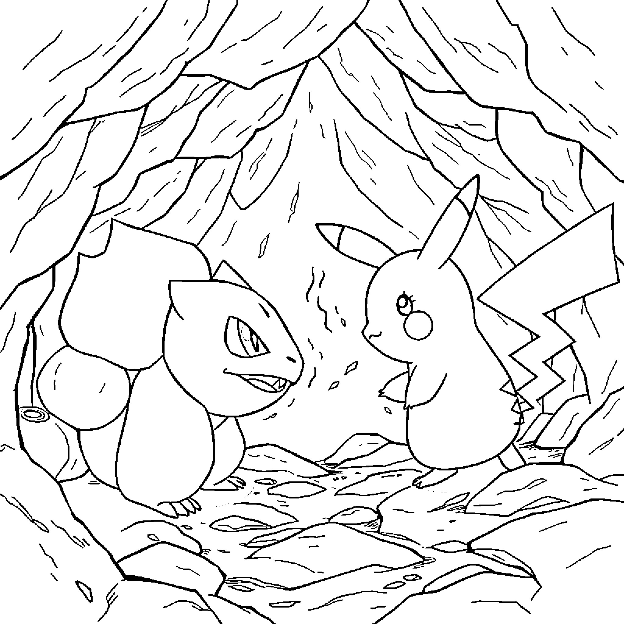 Bulbasaur and Pikachu exploring the wilderness Coloring Page (free black-and-white line drawing printable PDF for all, from beginners to advanced learners, including children, teens, adults, and seniors)