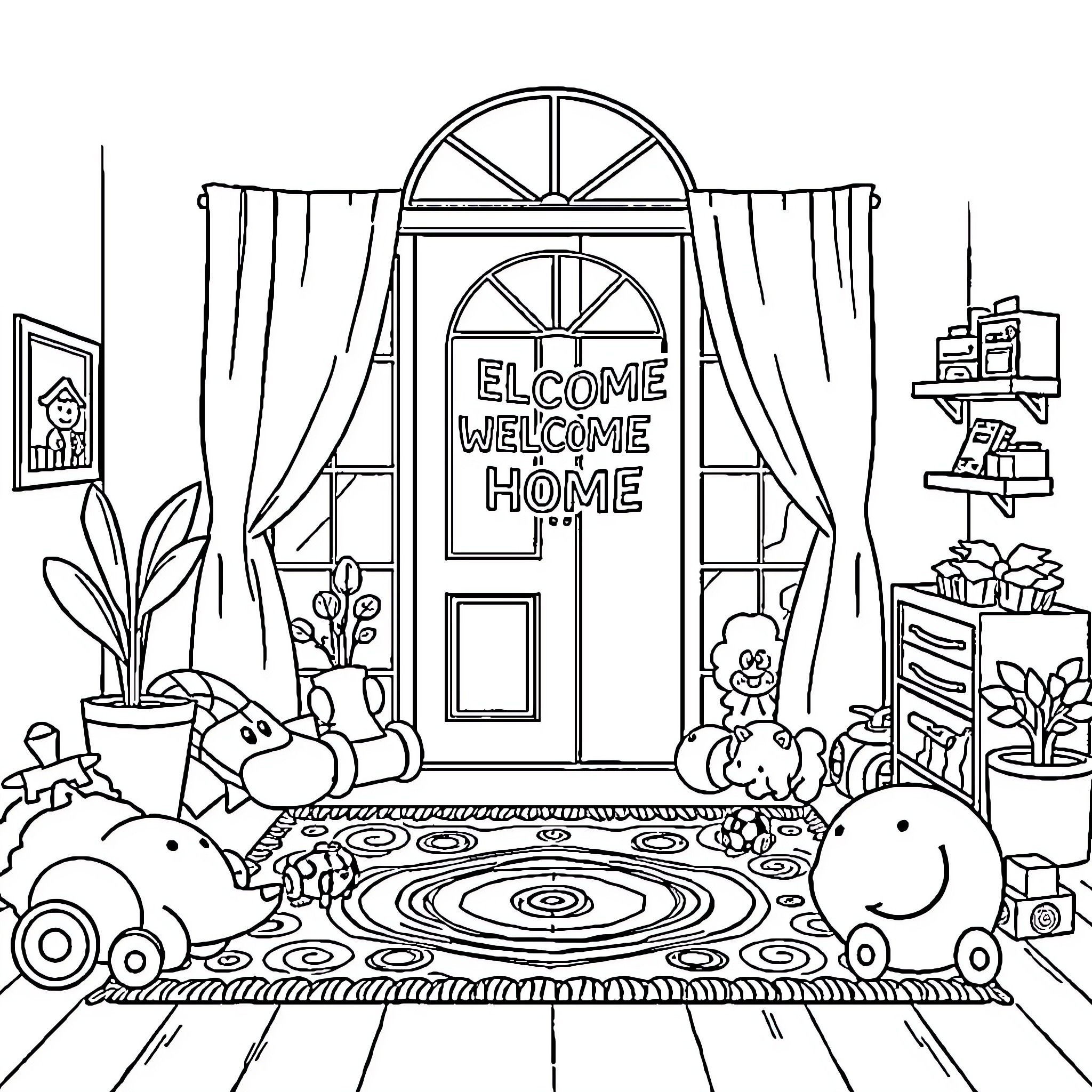 Home with Welcoming Entrance and Household Items Coloring Page (free black-and-white line drawing printable PDF for all, from beginners to advanced learners, including children, teens, adults, and seniors)