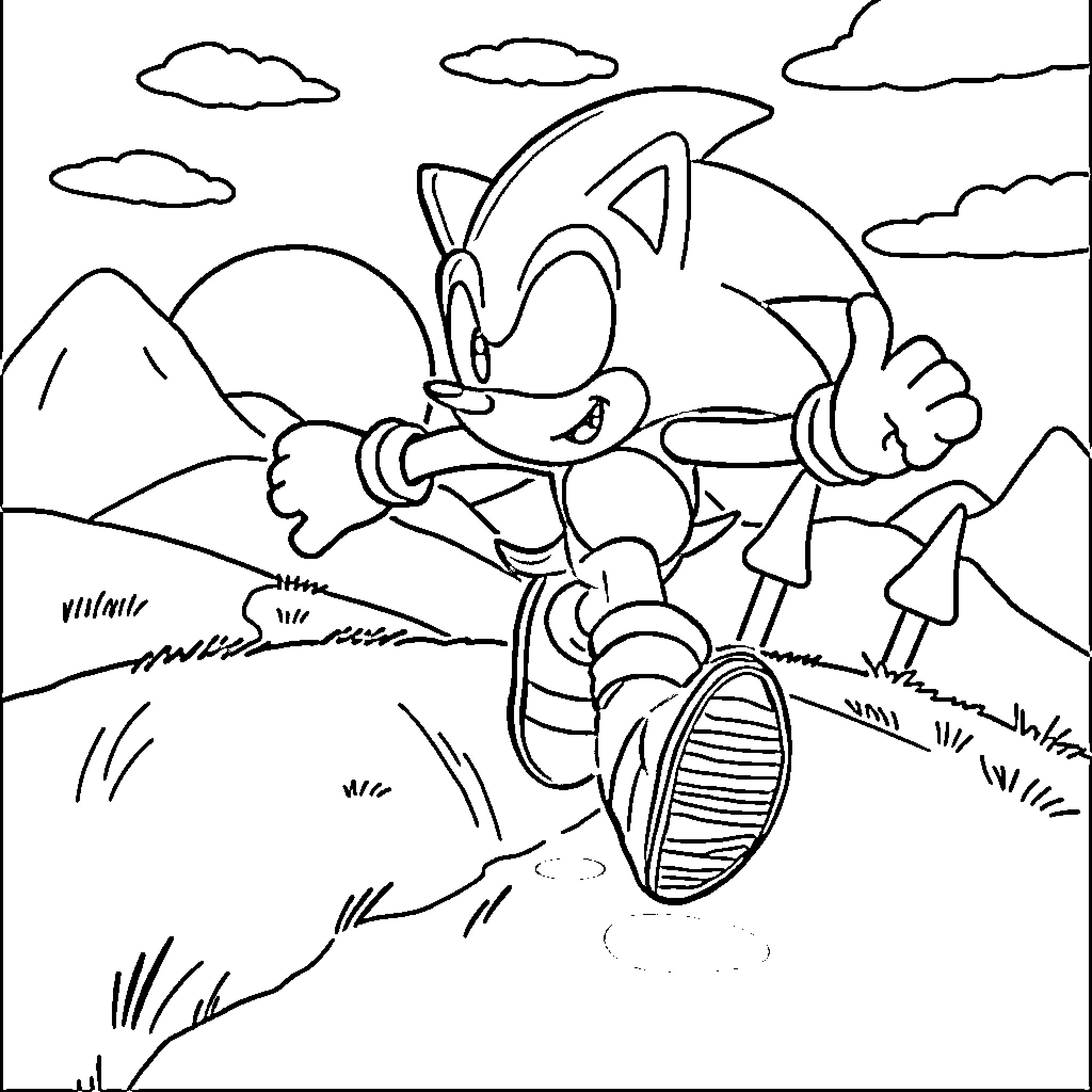 Sonic running through a scenic landscape Coloring Page (free black-and-white line drawing printable PDF for all, from beginners to advanced learners, including children, teens, adults, and seniors)