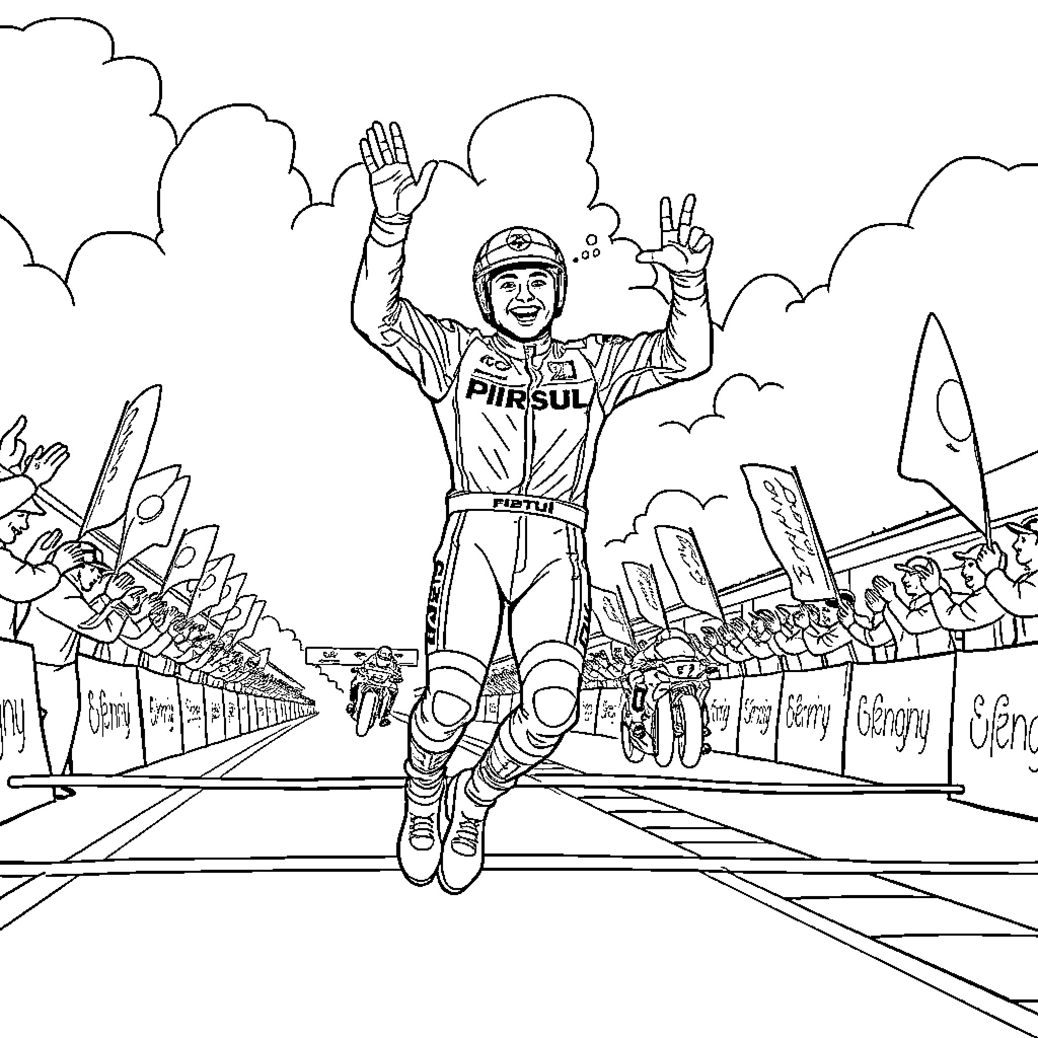 Fabio Quartararo celebrating victory with arms raised Coloring Page (free black-and-white line drawing printable PDF for all, from beginners to advanced learners, including children, teens, adults, and seniors)
