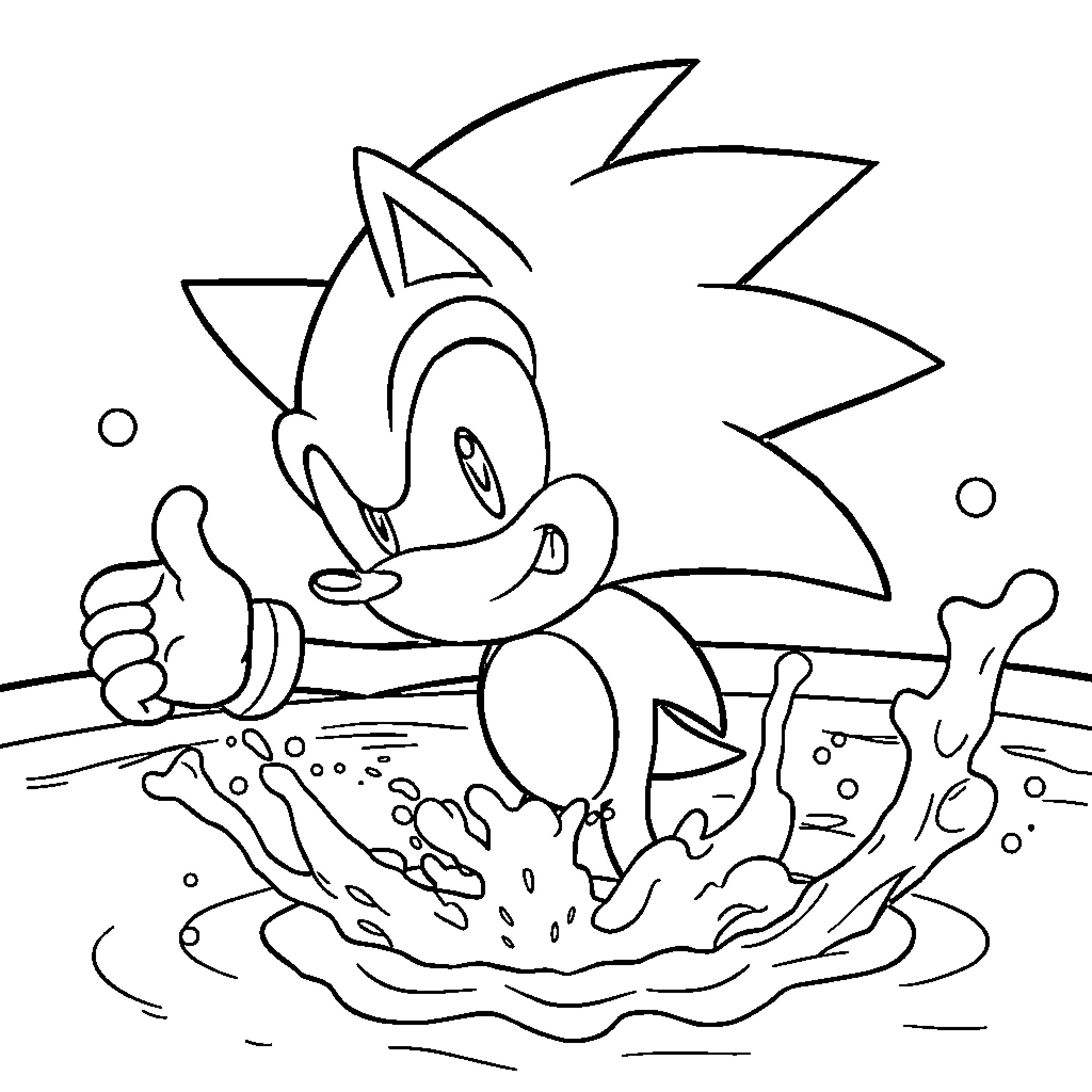 Sonic splashing in water with enthusiasm Coloring Page (free black-and-white line drawing printable PDF for all, from beginners to advanced learners, including children, teens, adults, and seniors)