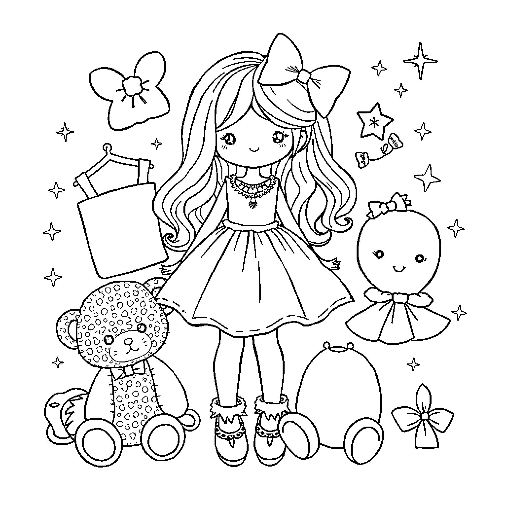 Kawaii Girl Playing with Cute Plush Toys Coloring Page (free black-and-white line drawing printable PDF for all, from beginners to advanced learners, including children, teens, adults, and seniors)