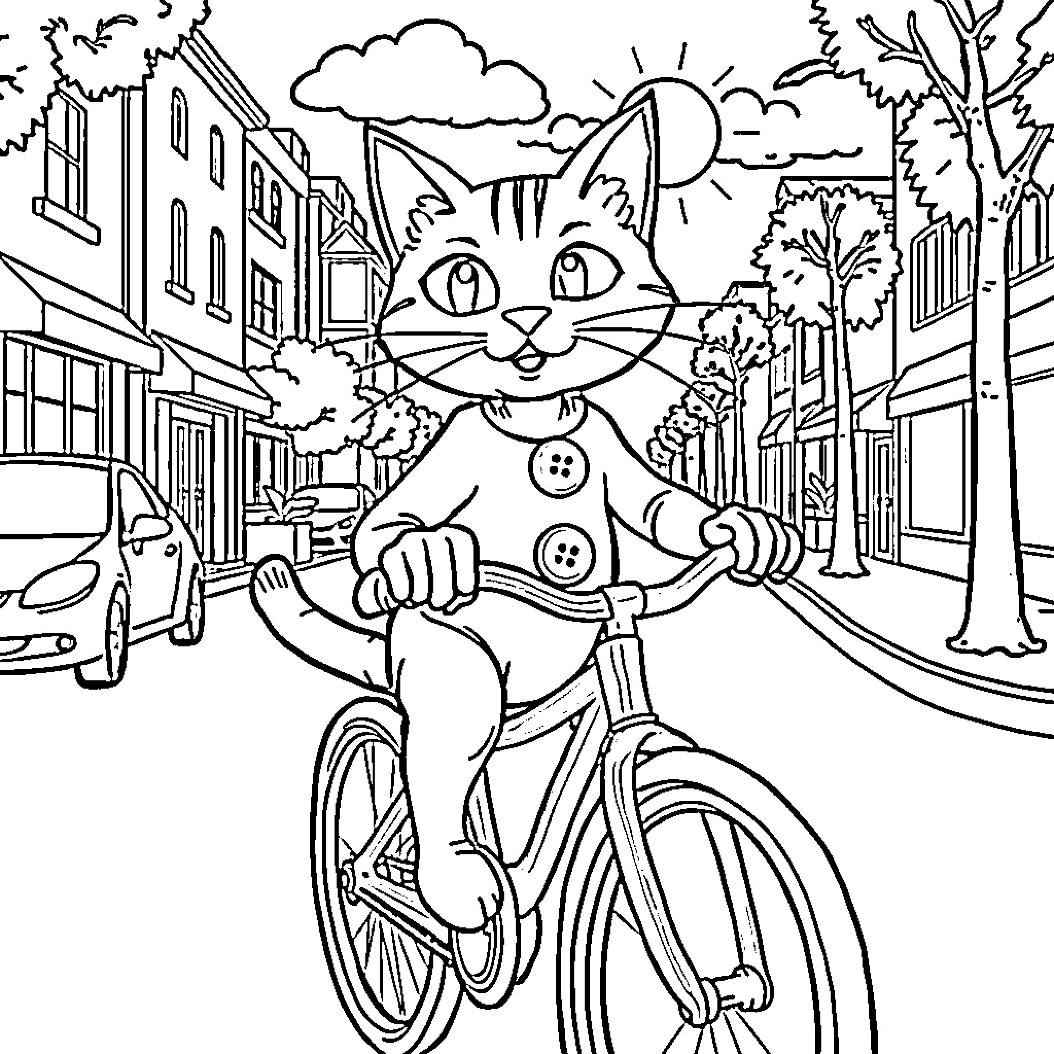 Pete the Cat riding a bicycle on the city street Coloring Page (free black-and-white line drawing printable PDF for all, from beginners to advanced learners, including children, teens, adults, and seniors)