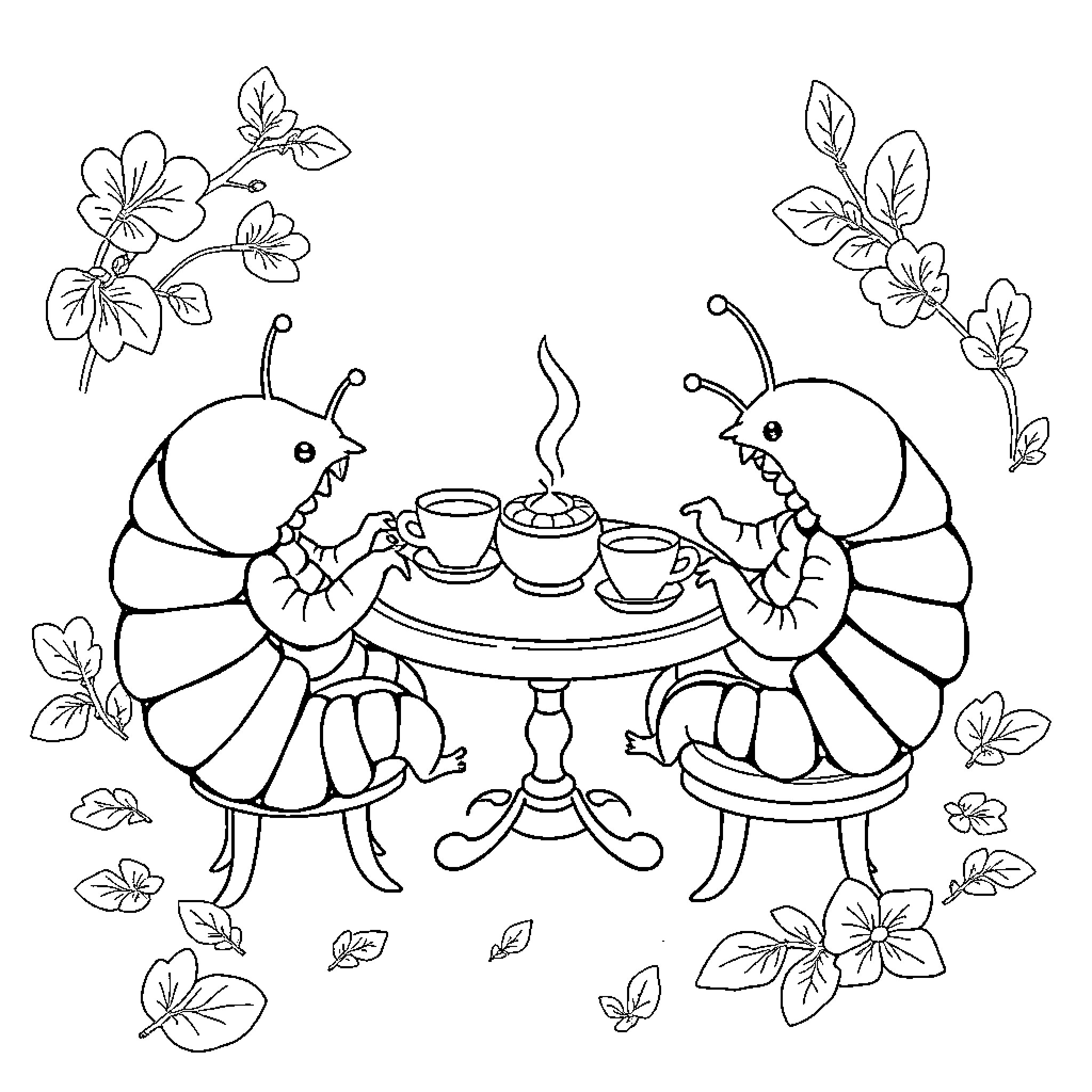 Isopod friends enjoying tea time together Coloring Page (free black-and-white line drawing printable PDF for all, from beginners to advanced learners, including children, teens, adults, and seniors)