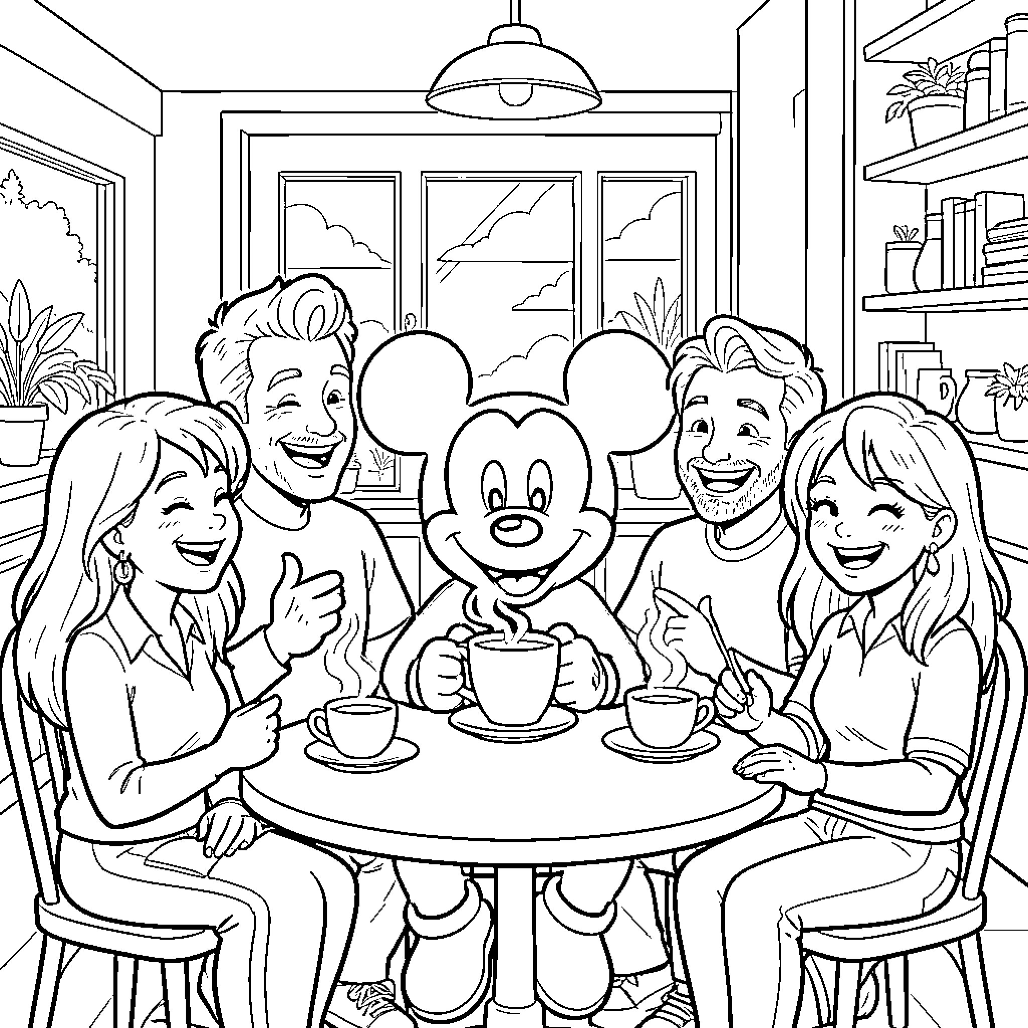 Mickey and Friends Enjoying a Cozy Gathering Coloring Page (free black-and-white line drawing printable PDF for all, from beginners to advanced learners, including children, teens, adults, and seniors)