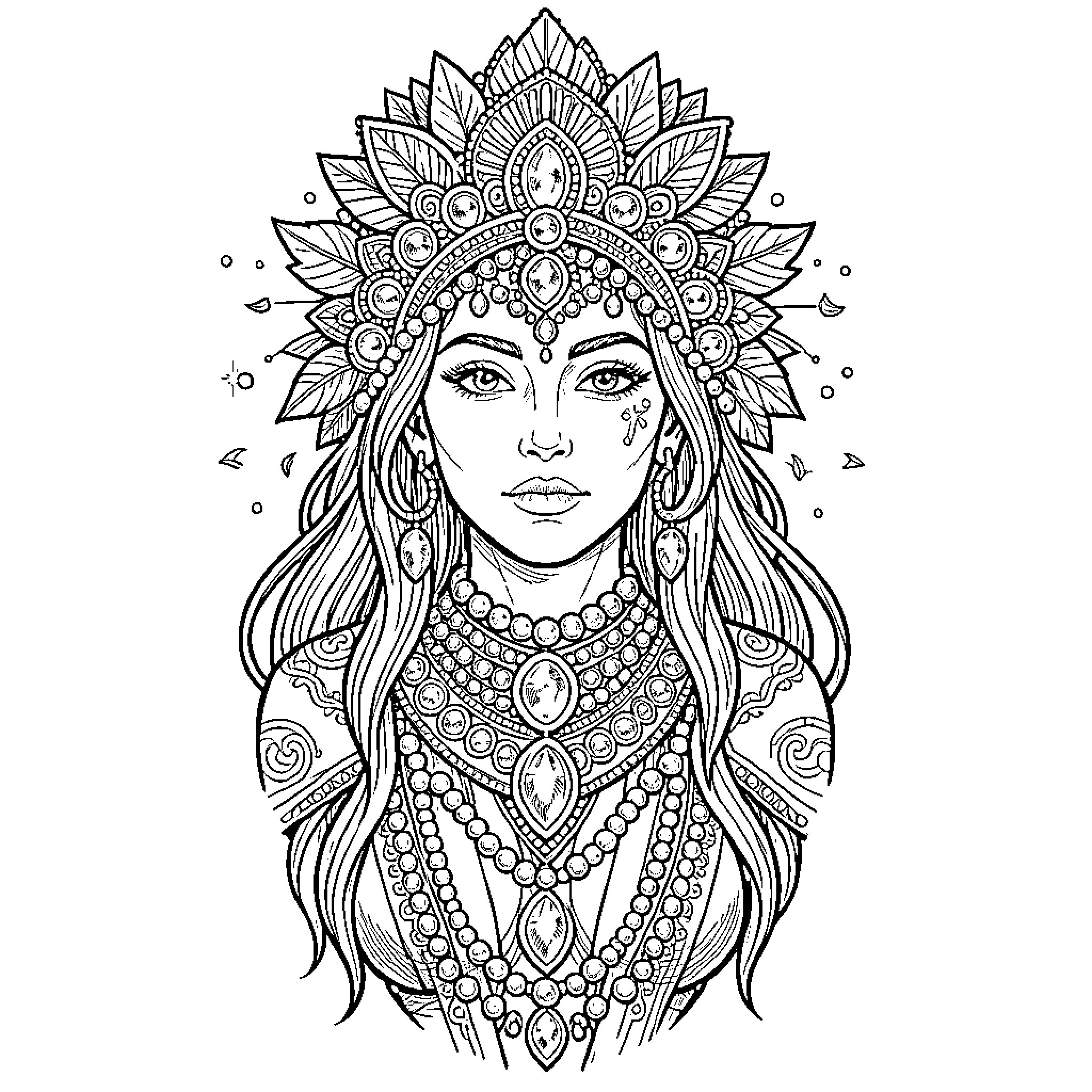 Shaman wearing an elaborate ornate headdress and jewelry Coloring Page (free black-and-white line drawing printable PDF for all, from beginners to advanced learners, including children, teens, adults, and seniors)