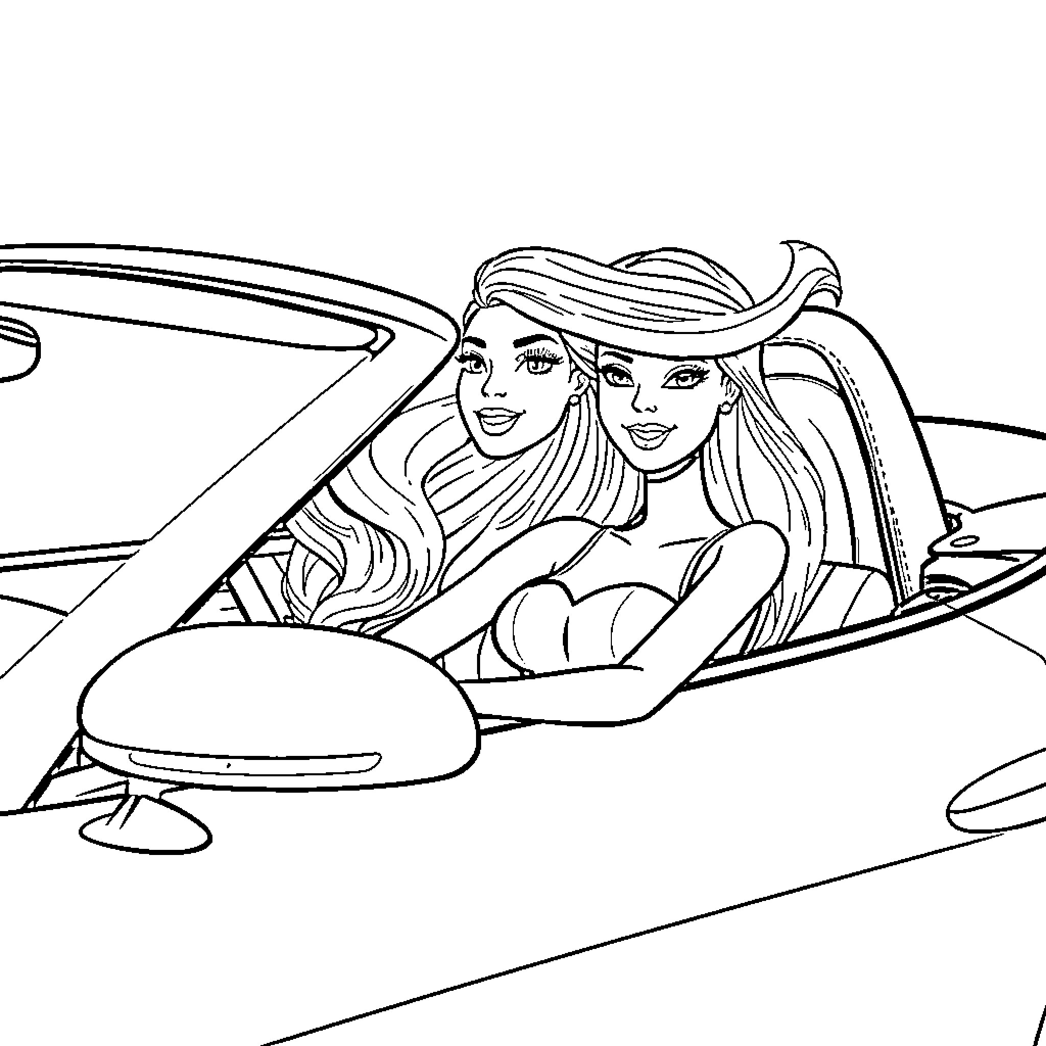 Barbie sisters ride in stylish convertible Coloring Page (free black-and-white line drawing printable PDF for all, from beginners to advanced learners, including children, teens, adults, and seniors)