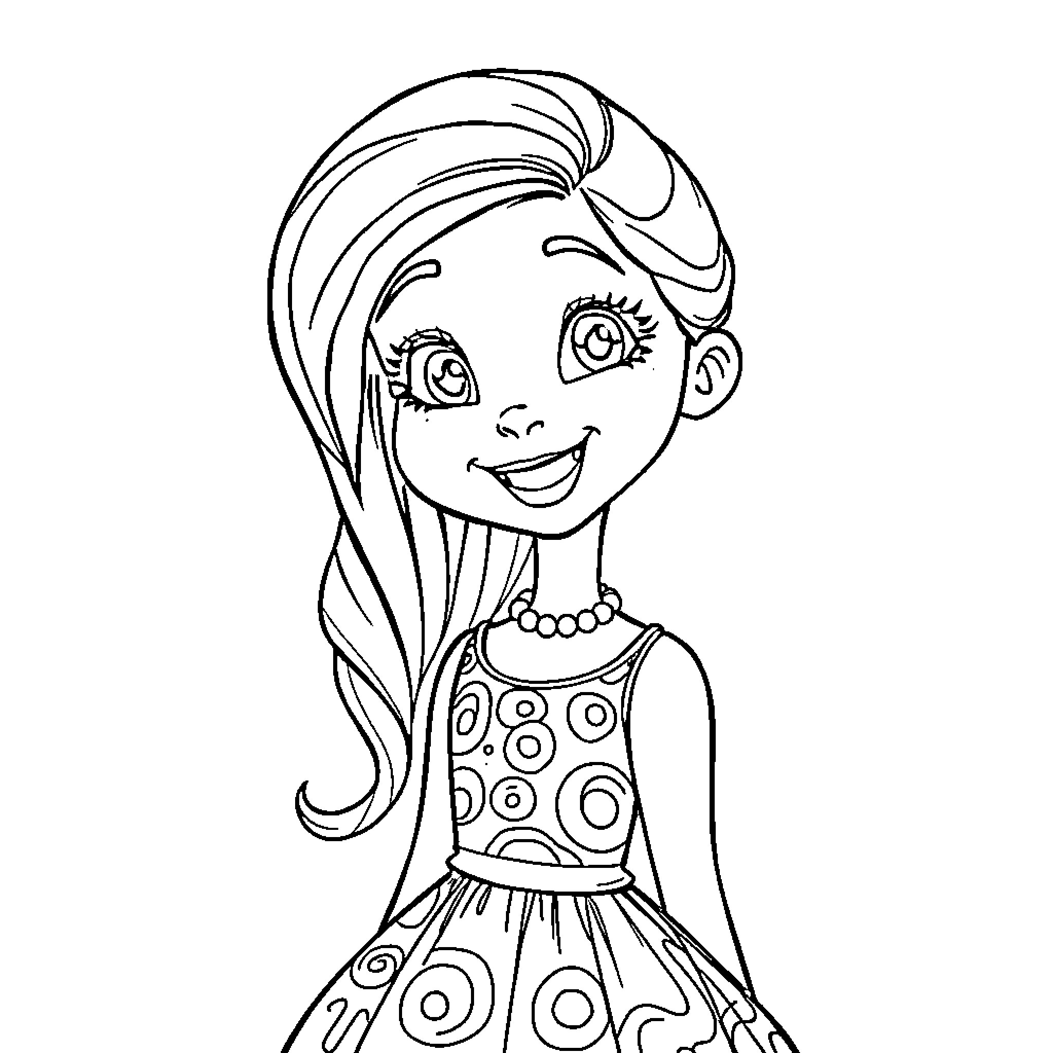 Gabby's Cheerful Expression and Patterned Outfit Coloring Page (free black-and-white line drawing printable PDF for all, from beginners to advanced learners, including children, teens, adults, and seniors)