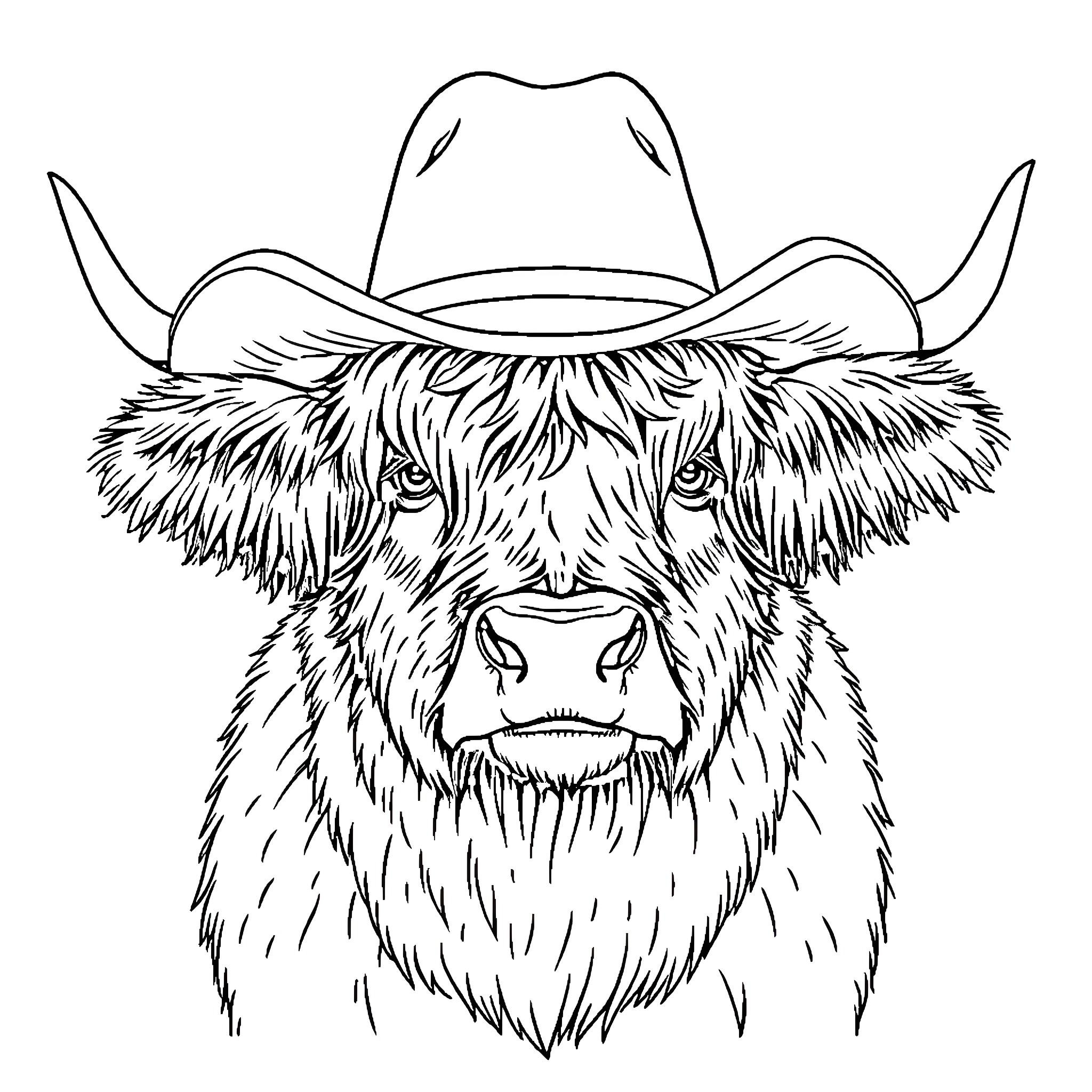 Highland Cow wearing a cowboy hat Coloring Page (free black-and-white line drawing printable PDF for all, from beginners to advanced learners, including children, teens, adults, and seniors)