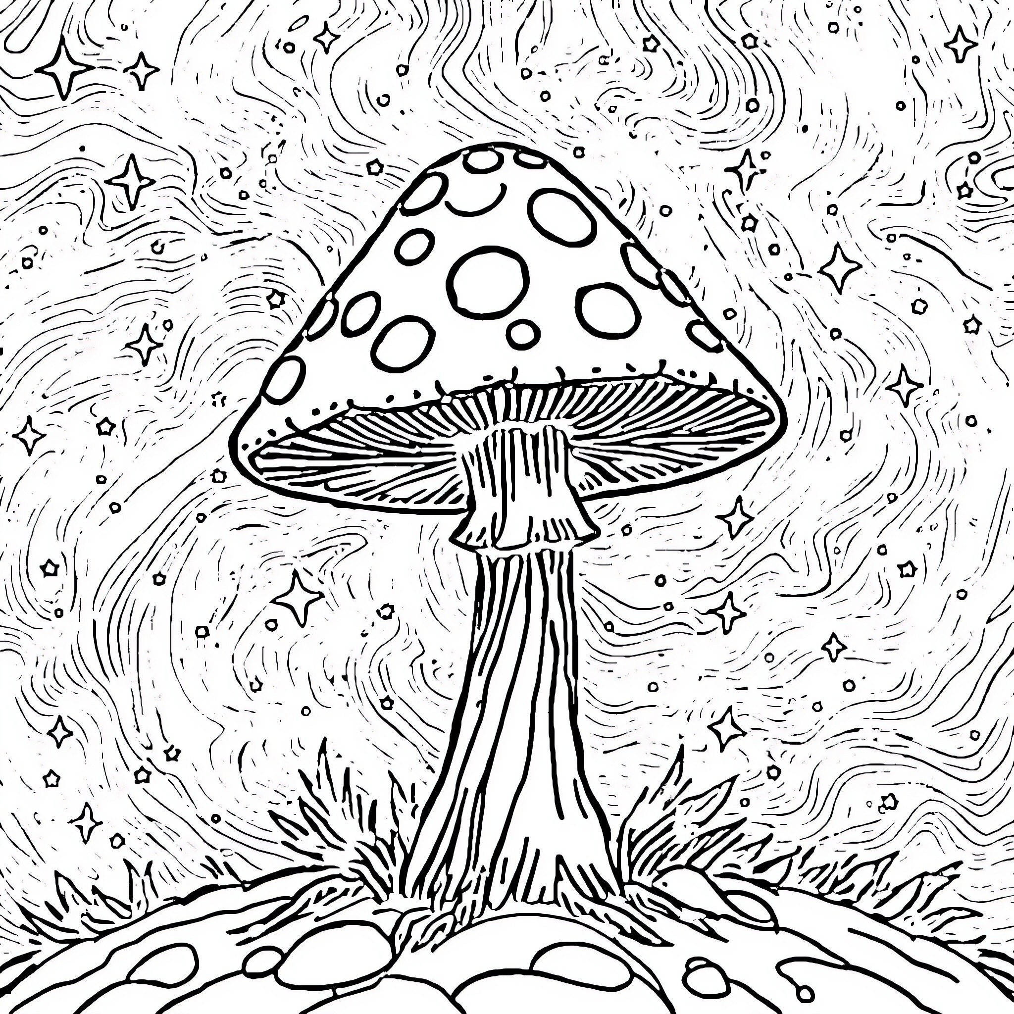 Mushroom with whimsical patterns in a starry forest Coloring Page (free black-and-white line drawing printable PDF for all, from beginners to advanced learners, including children, teens, adults, and seniors)