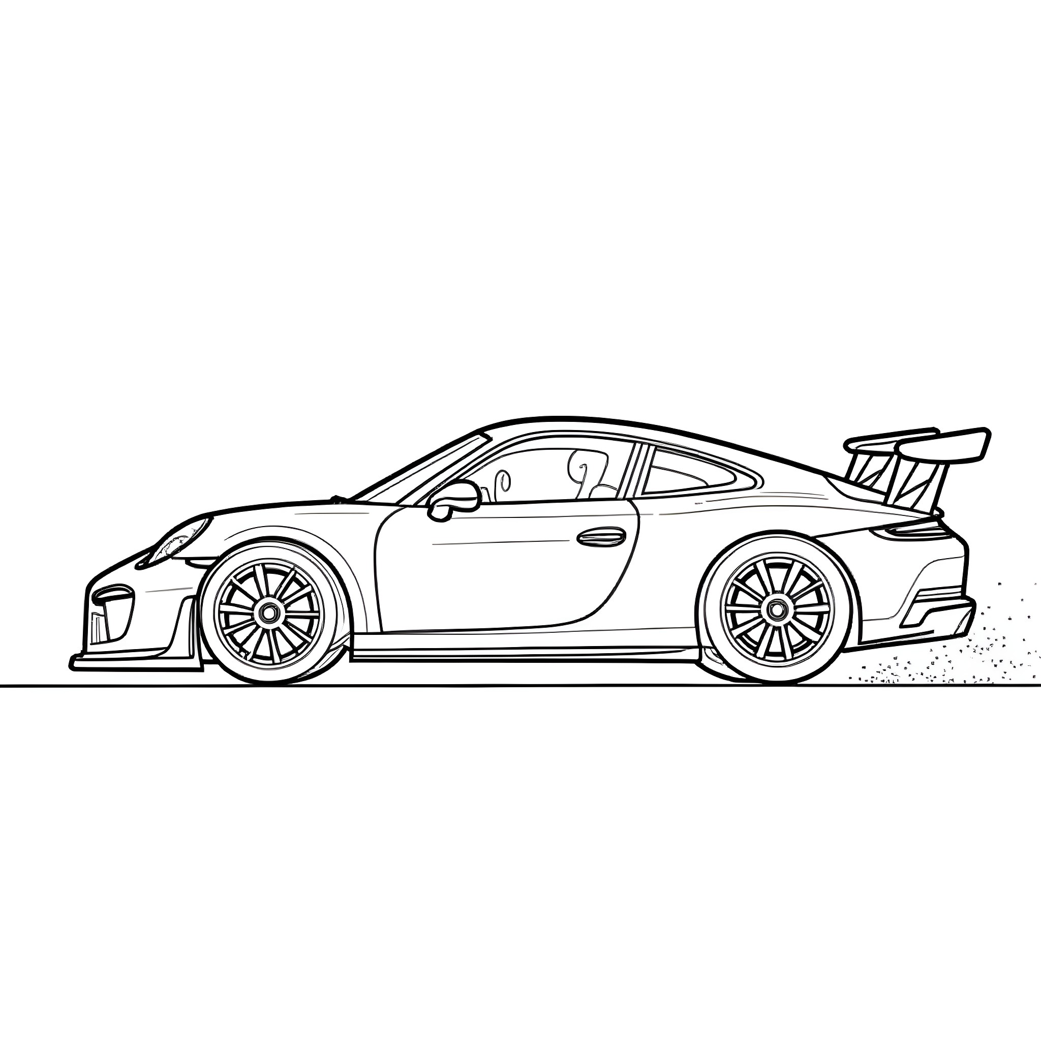 Porsche sports car on the race track Coloring Page (free black-and-white line drawing printable PDF for all, from beginners to advanced learners, including children, teens, adults, and seniors)