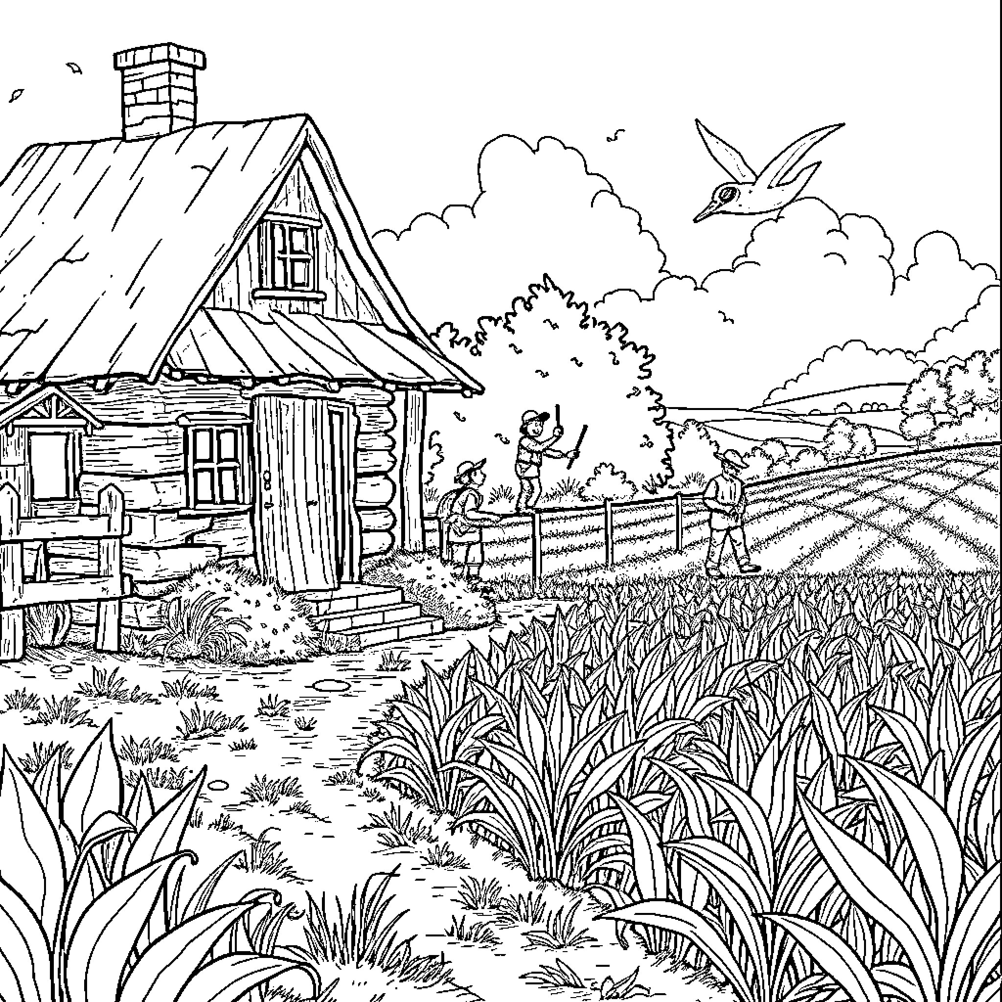 Drop in the Countryside Landscape Coloring Page (free black-and-white line drawing printable PDF for all, from beginners to advanced learners, including children, teens, adults, and seniors)