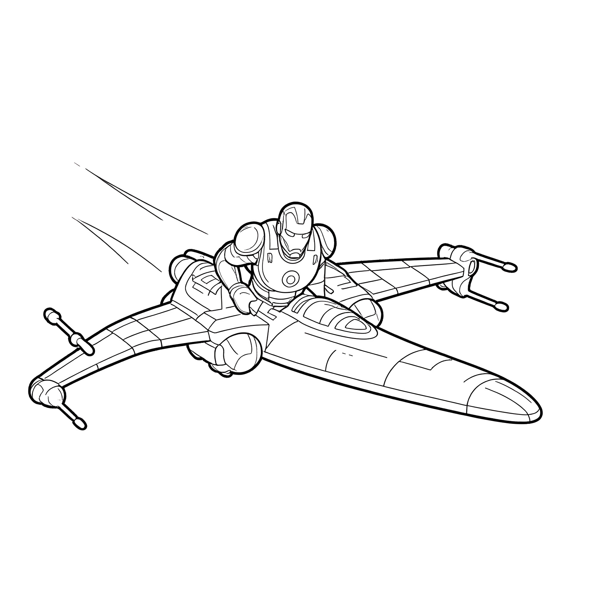 Ironman flying with jet fighter in action Coloring Page (free black-and-white line drawing printable PDF for all, from beginners to advanced learners, including children, teens, adults, and seniors)