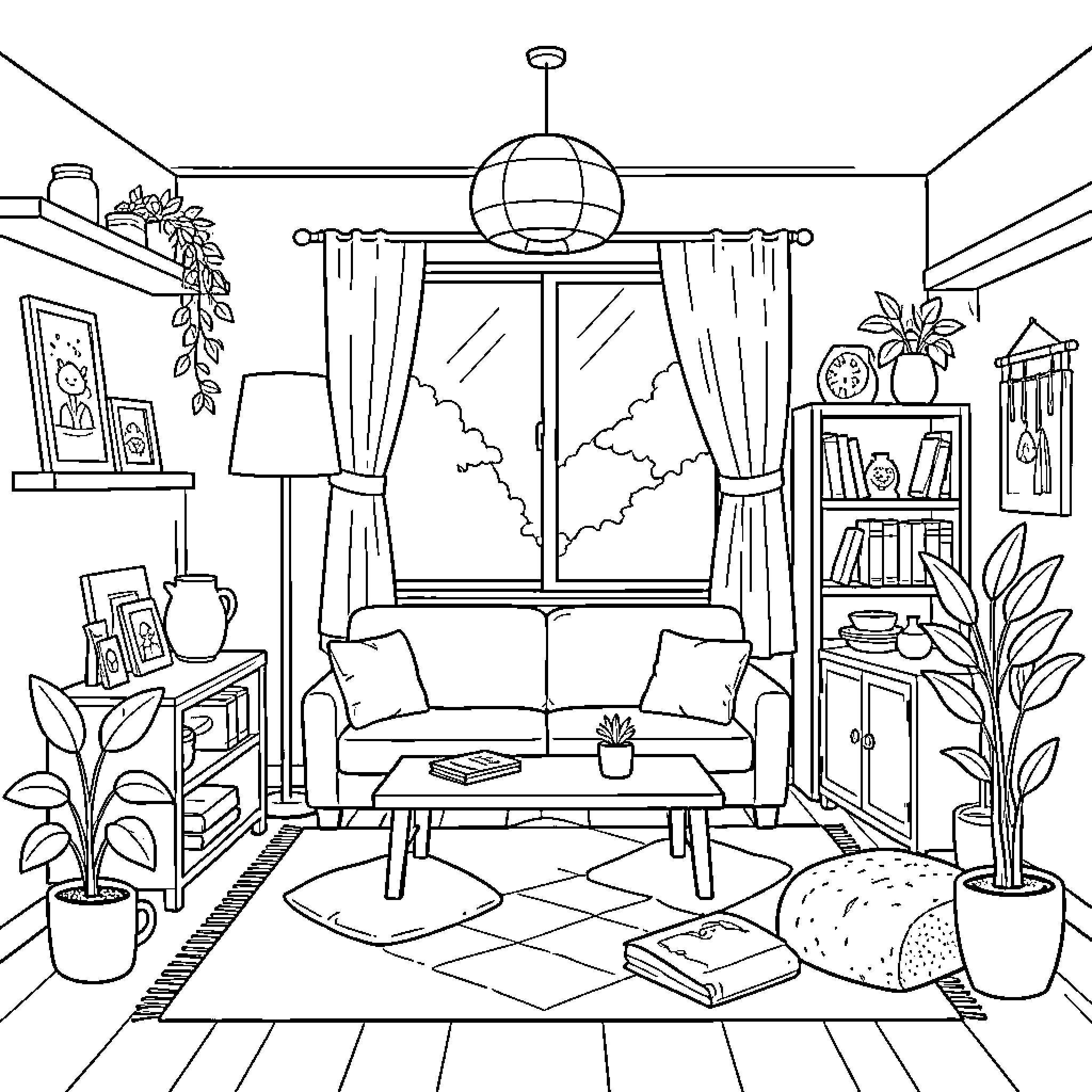 Room with cozy furniture and indoor plants Coloring Page (free black-and-white line drawing printable PDF for all, from beginners to advanced learners, including children, teens, adults, and seniors)