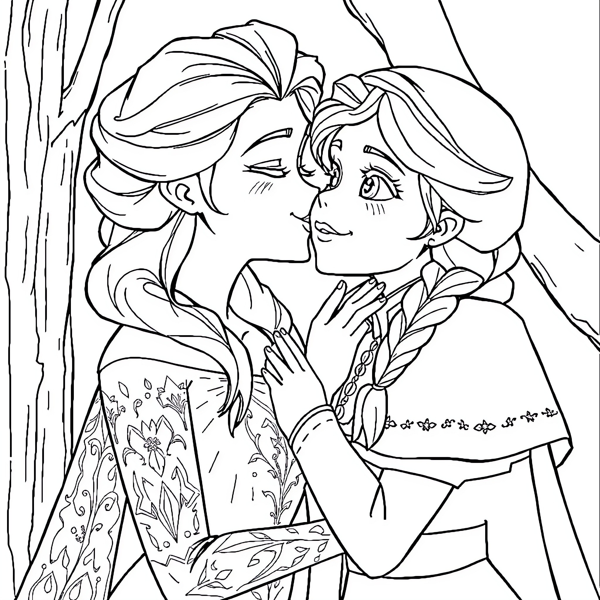 Elsa and Anna sharing a tender moment Coloring Page (free black-and-white line drawing printable PDF for all, from beginners to advanced learners, including children, teens, adults, and seniors)