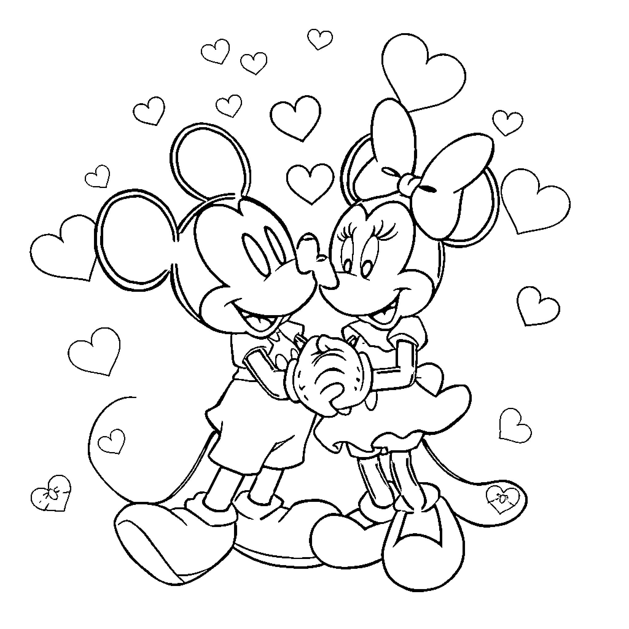 Mickey and Minnie's Romantic Hearts and Hugs Coloring Page (free black-and-white line drawing printable PDF for all, from beginners to advanced learners, including children, teens, adults, and seniors)