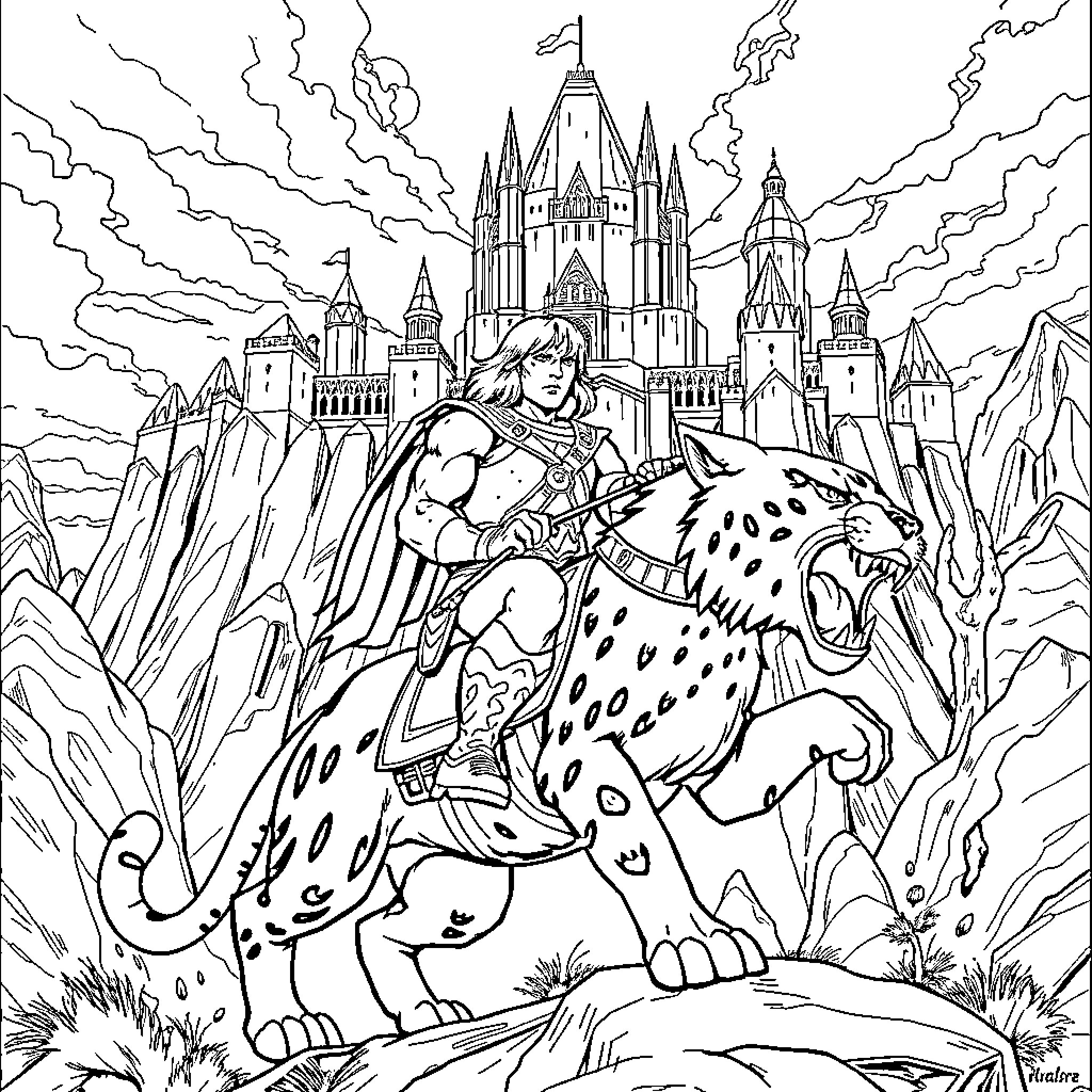 Battle Cat Riding a Fierce Feline in a Fantasy Landscape Coloring Page (free black-and-white line drawing printable PDF for all, from beginners to advanced learners, including children, teens, adults, and seniors)